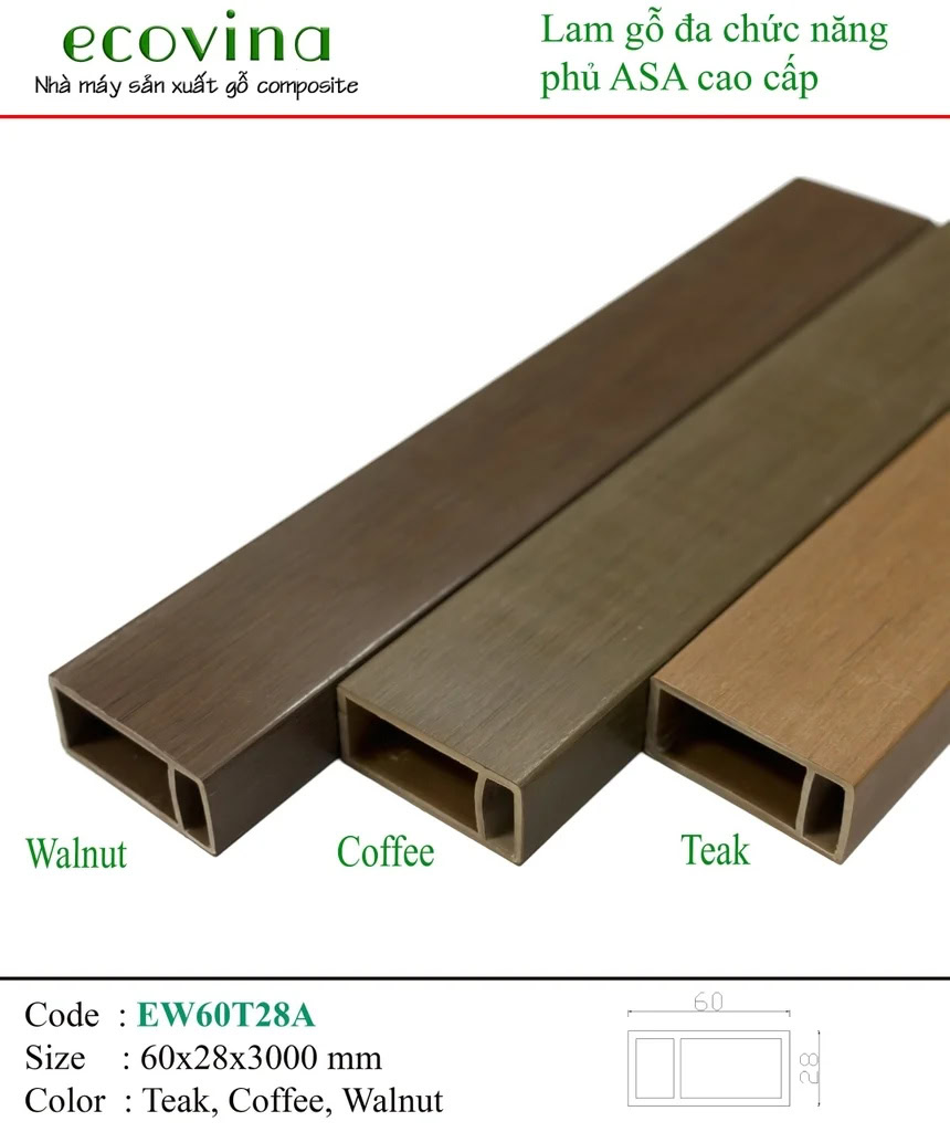Thanh lam gỗ nhựa ngoài trời Ecovina EW60T28A
