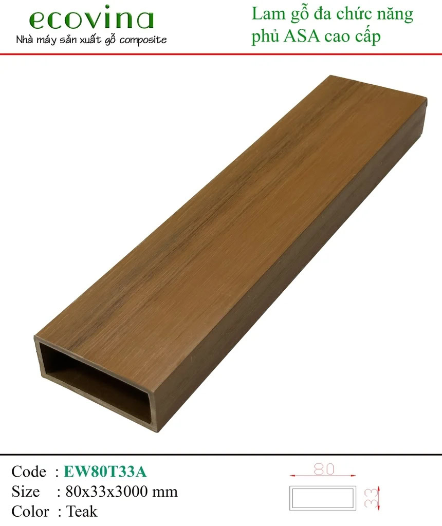 Thanh lam gỗ nhựa ngoài trời Ecovina EW80T33A Teak