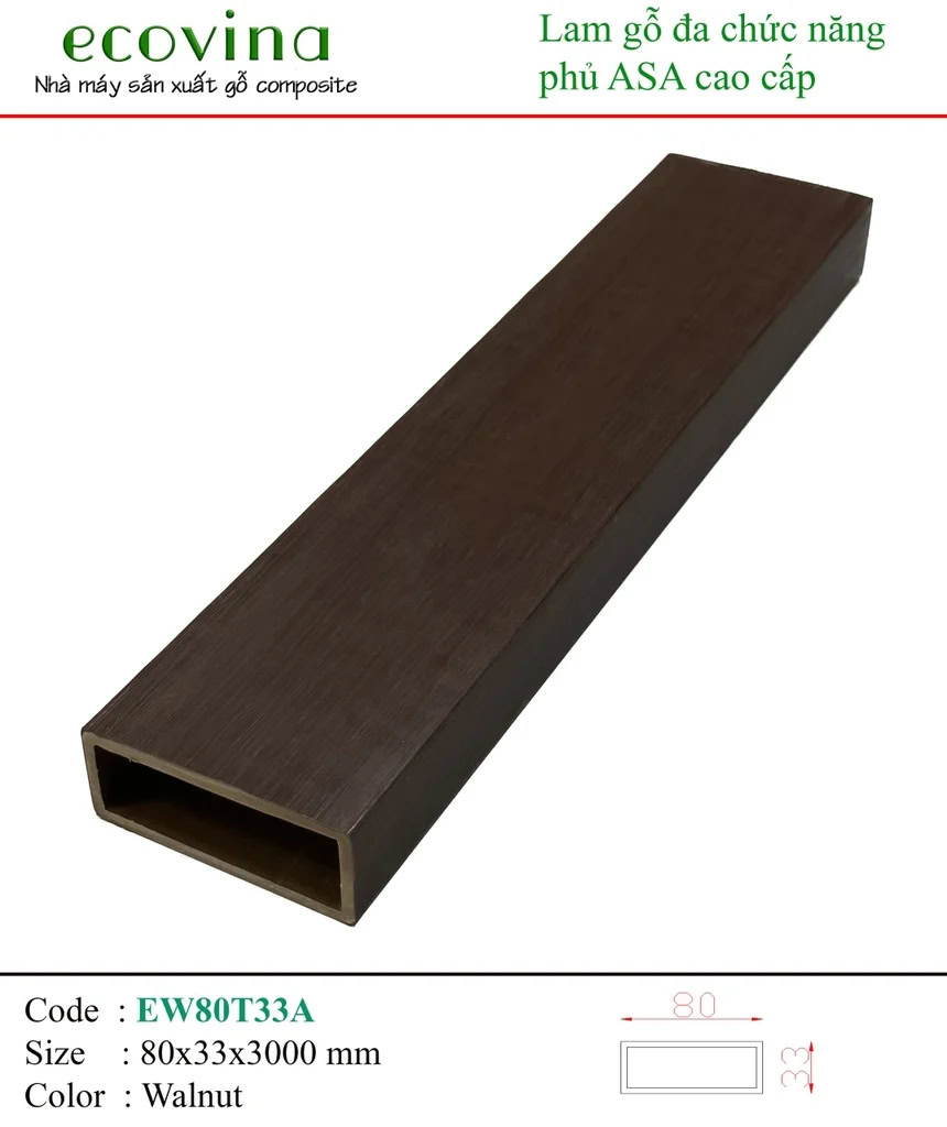 Thanh lam gỗ nhựa ngoài trời Ecovina EW80T33A Walnut