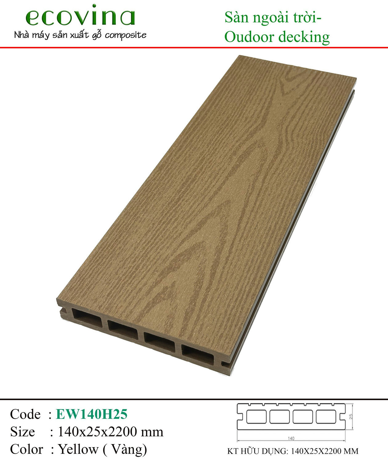 Ecovina EW140H25 Yellow 4-Hole Square 2D Outdoor Wood Flooring