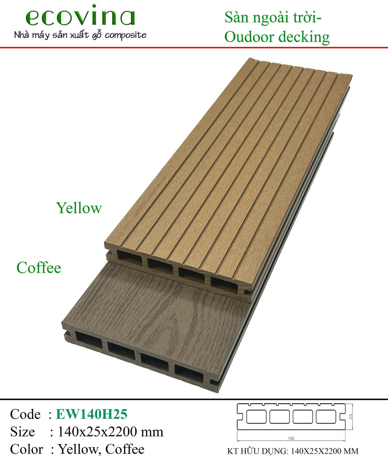 Ecovina EW140H25 Yellow 4-Hole Square 2D Outdoor Wood Flooring