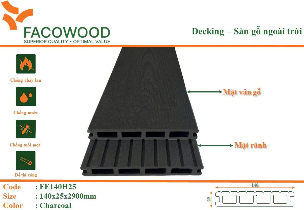 Facowood FE140H25 Charcoal Outdoor Wood Flooring