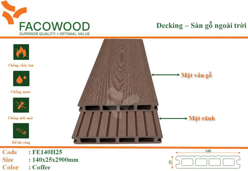 Facowood FE140H25 Coffee Outdoor Wood Flooring