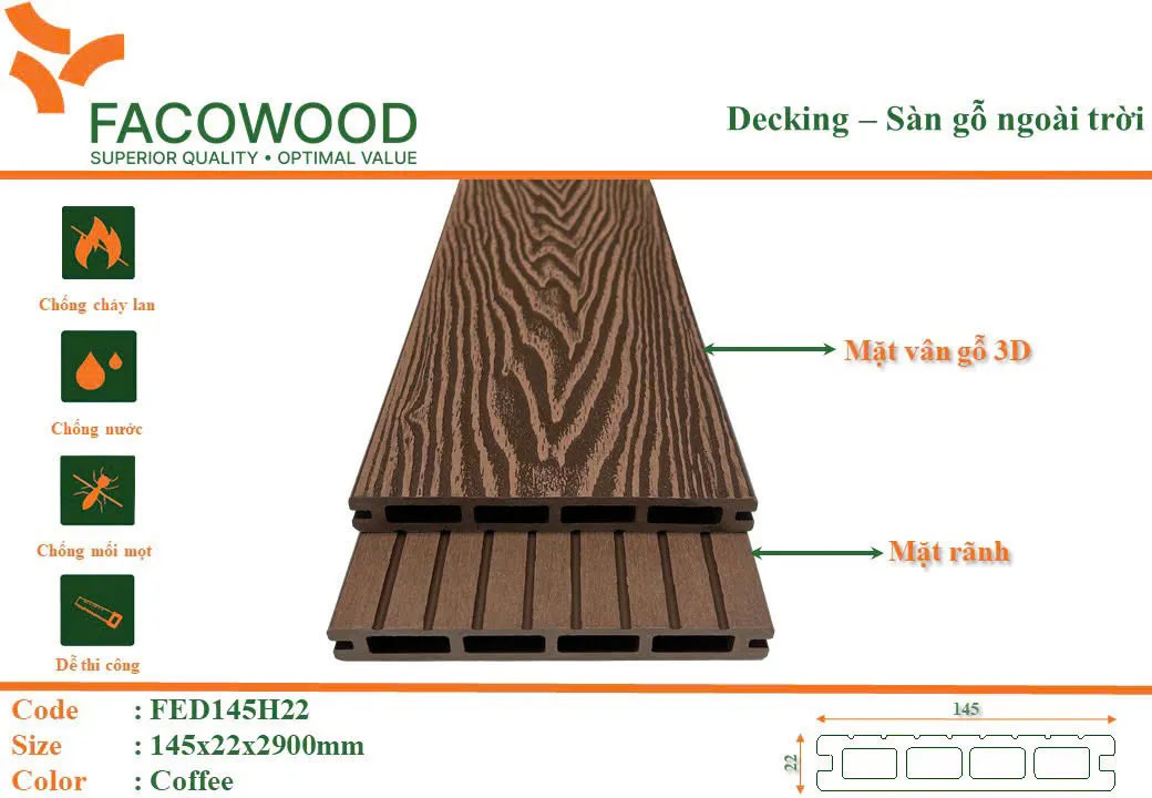 Facowood FED145H22 Coffee Outdoor Wood Flooring