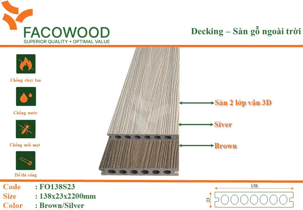 Facowood FO138S23 Brown-Silver Outdoor Wood Flooring