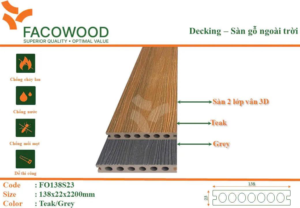 Facowood FO138S23 Teak-Grey Outdoor Wood Flooring