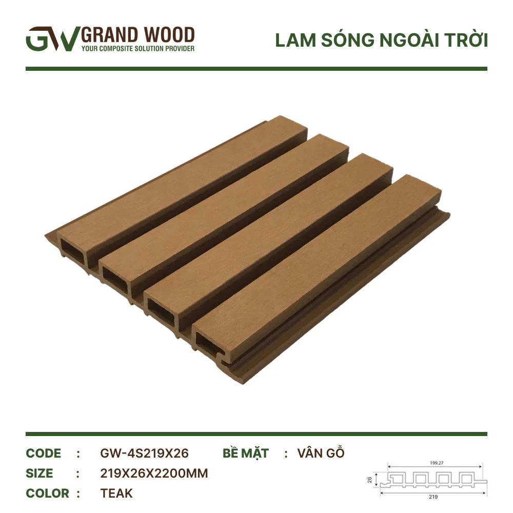 Tấm ốp lam sóng Grand Wood GW-4S 219X26 Teak