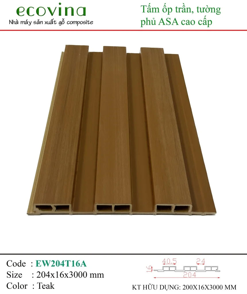 Tấm ốp PVC phủ ASA Ecovina EW204T16A Teak