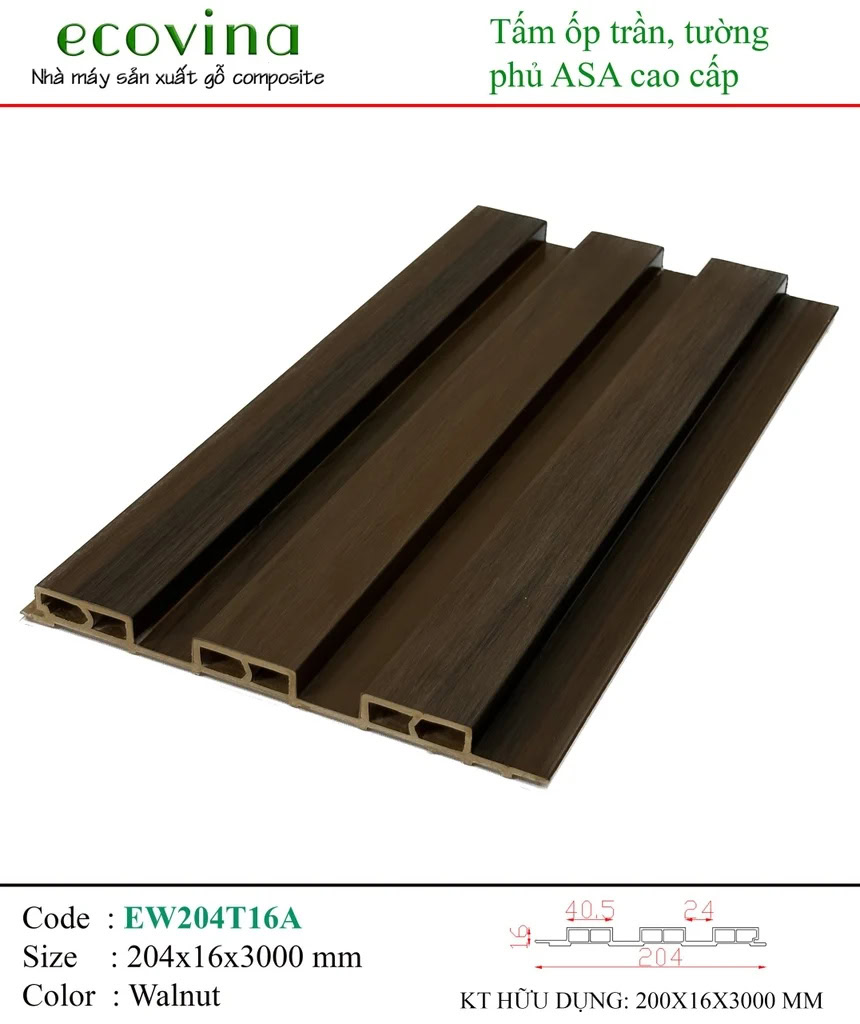 Tấm ốp PVC phủ ASA Ecovina EW204T16A Walnut