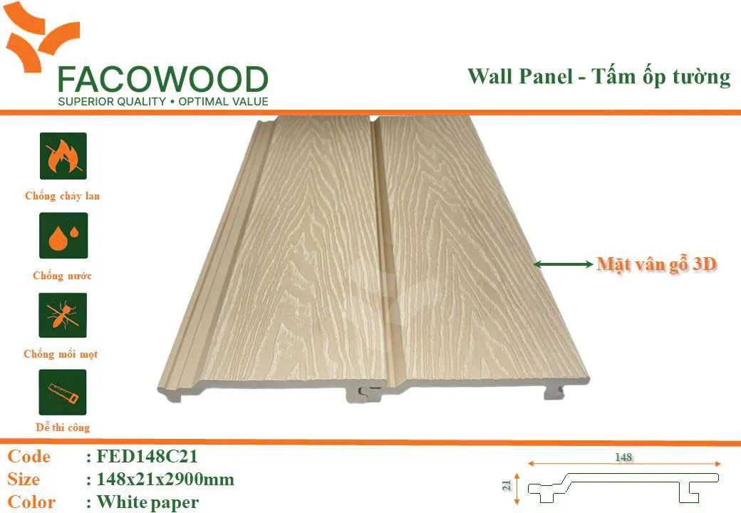 Tấm ốp Facowood FED148C21 White Paper
