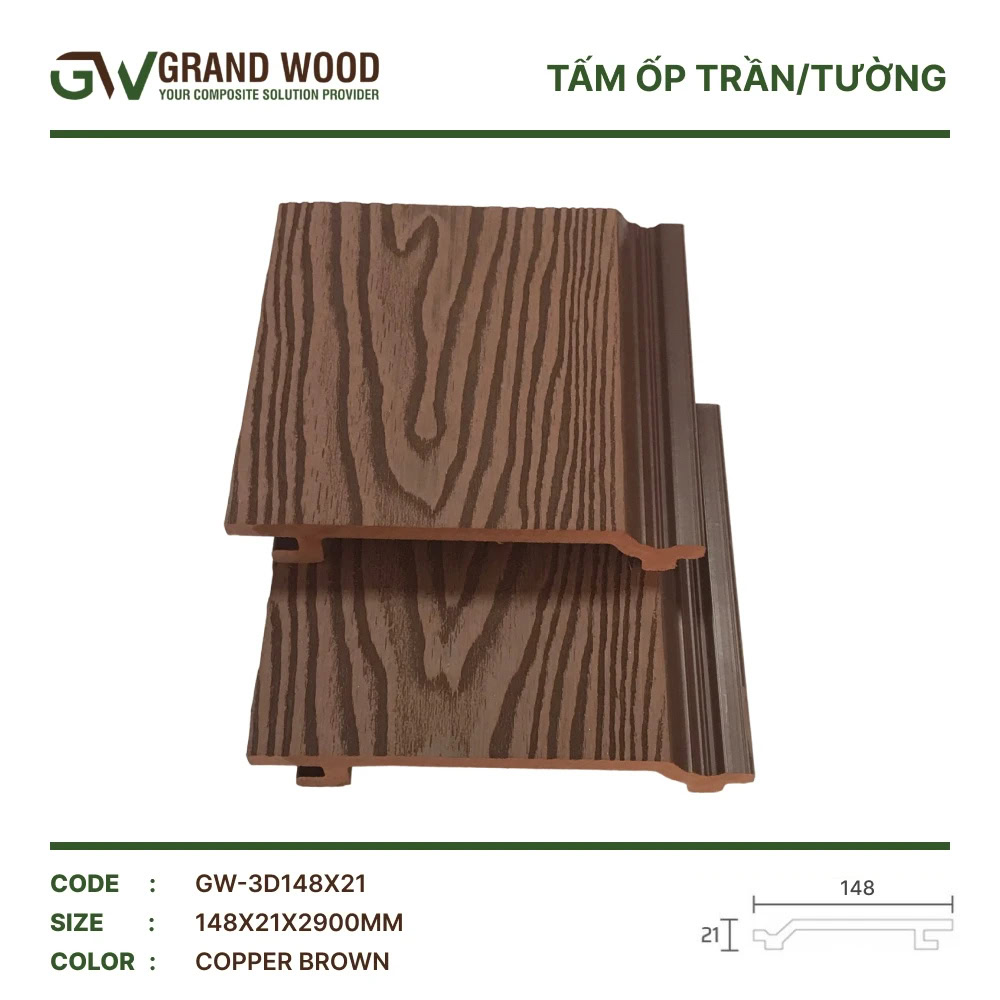 Tấm ốp gỗ nhựa Grand Wood GW-3D148x21 Copper Brown