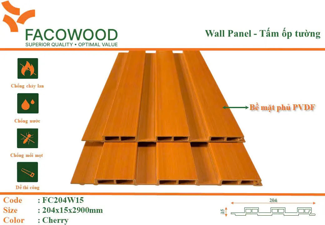 Tấm ốp lam sóng Facowood FC204W15 Cherry