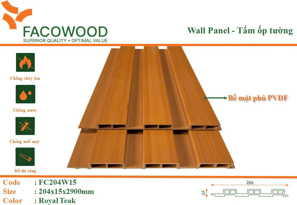 Facowood FC204W15 Royal Teak Fluted Wall Panel
