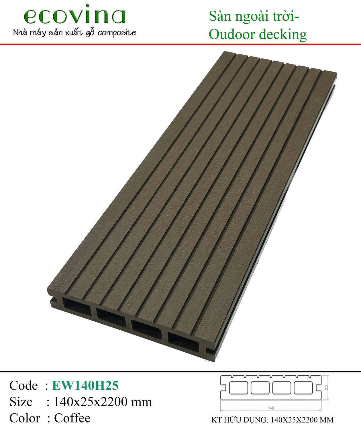 Sàn gỗ ngoài trời Ecovina 4 lỗ vuông 2D EW140H25 Coffee