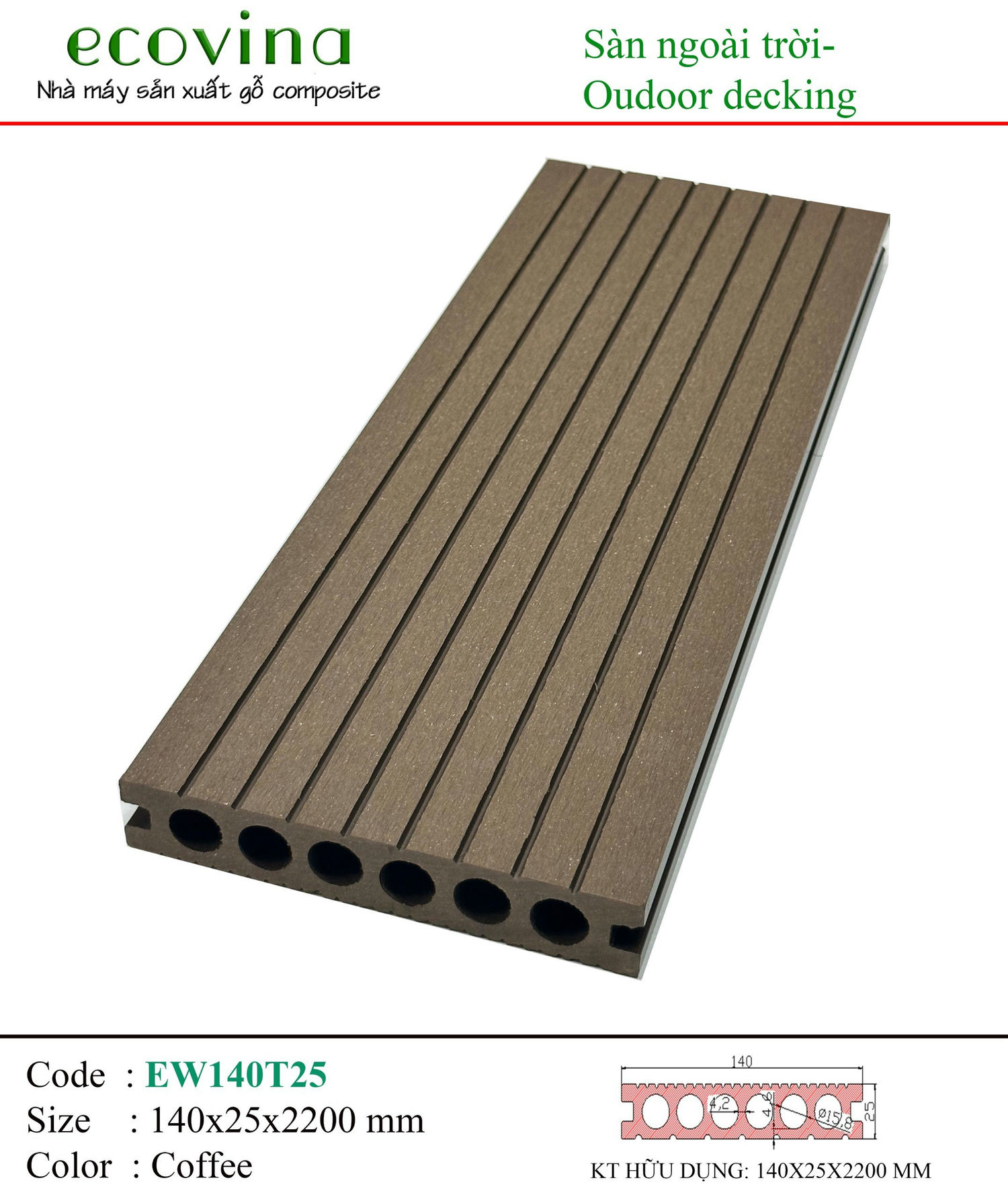 Ecovina EW140T25 Coffee Outdoor Composite Wood Flooring