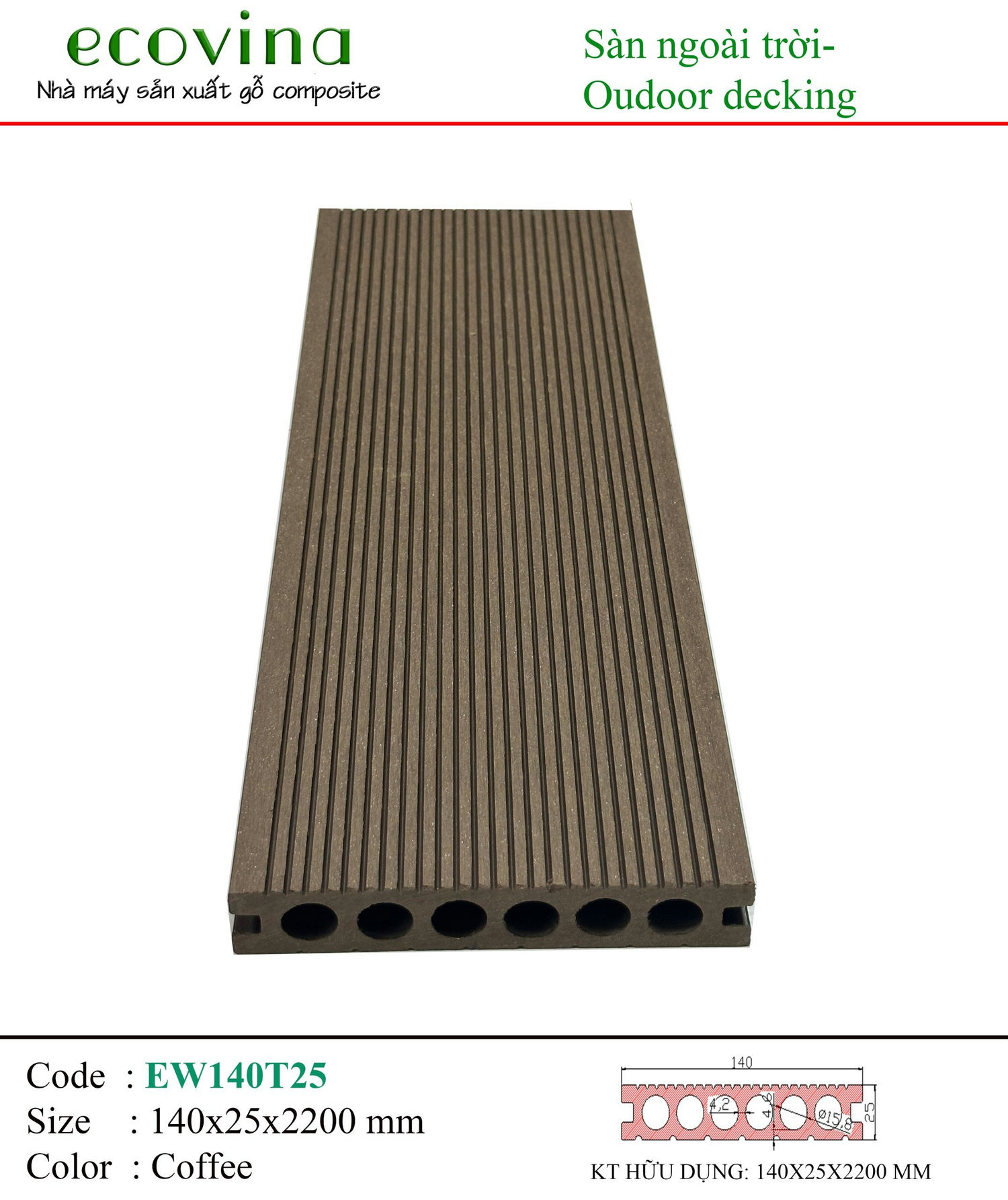 Sàn gỗ ngoài trời Ecovina 6 lỗ tròn 2D EW140T25 Coffee