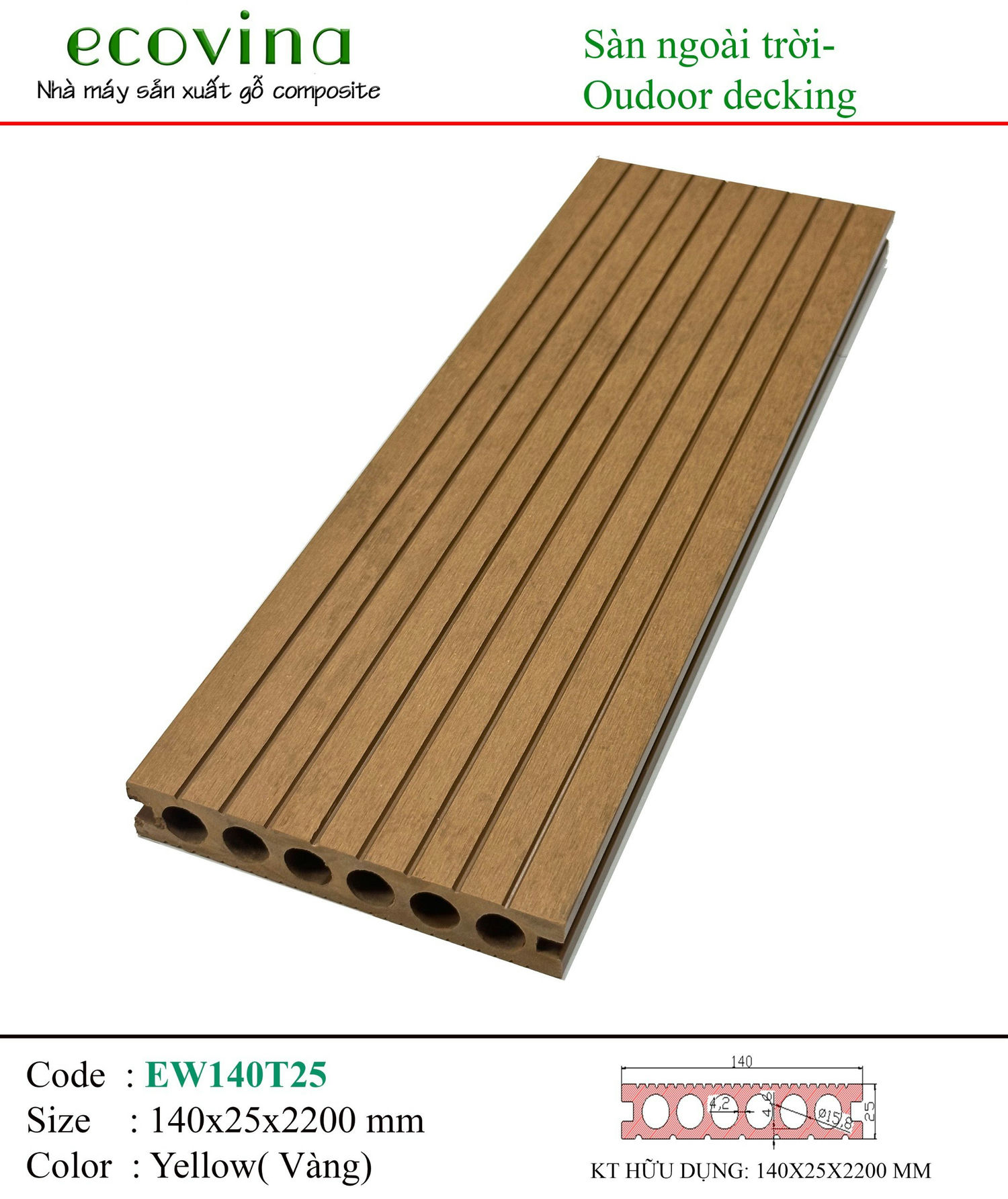 Ecovina Outdoor Composite Decking 6-Hole 2D EW140T25 Yellow