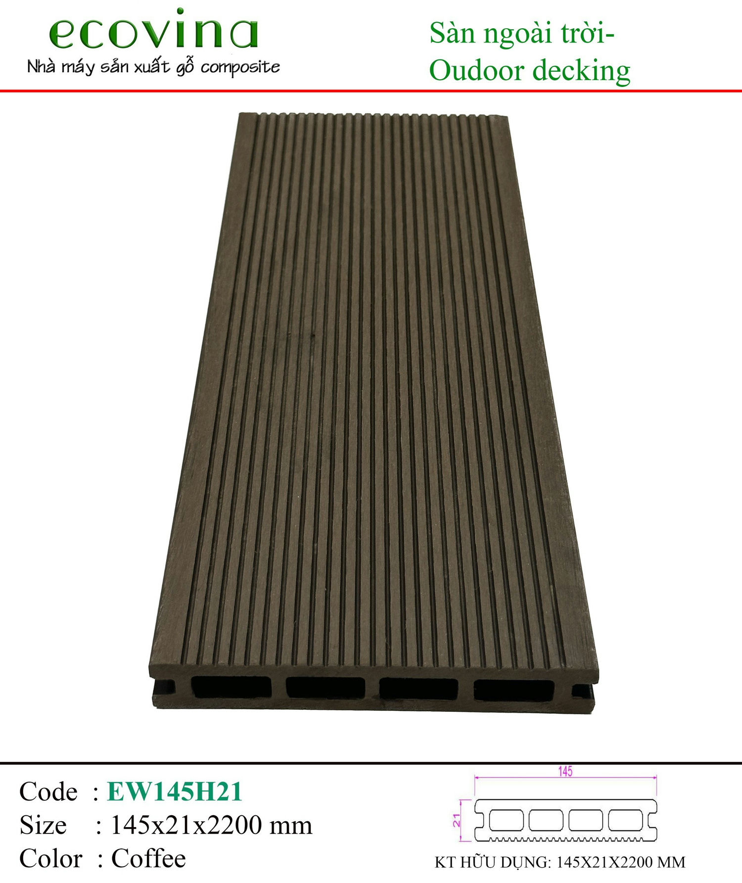 Sàn gỗ ngoài trời Ecovina 4 lỗ vuông 3D EW145H21 Coffee