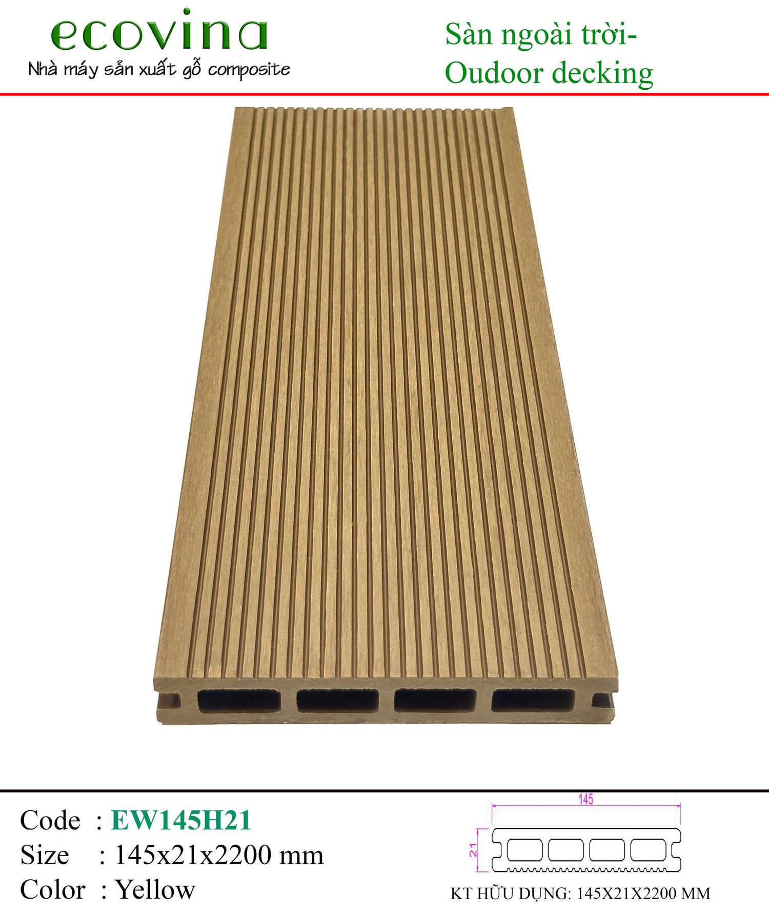 Sàn gỗ ngoài trời Ecovina 4 lỗ vuông 3D EW145H21 Yellow