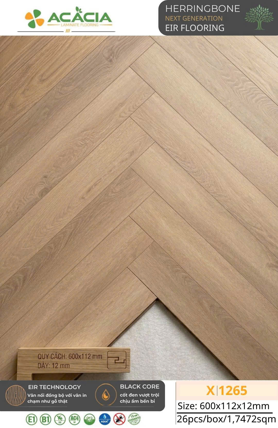 Sàn gỗ Acacia 12mm xương cá cốt đen X1265