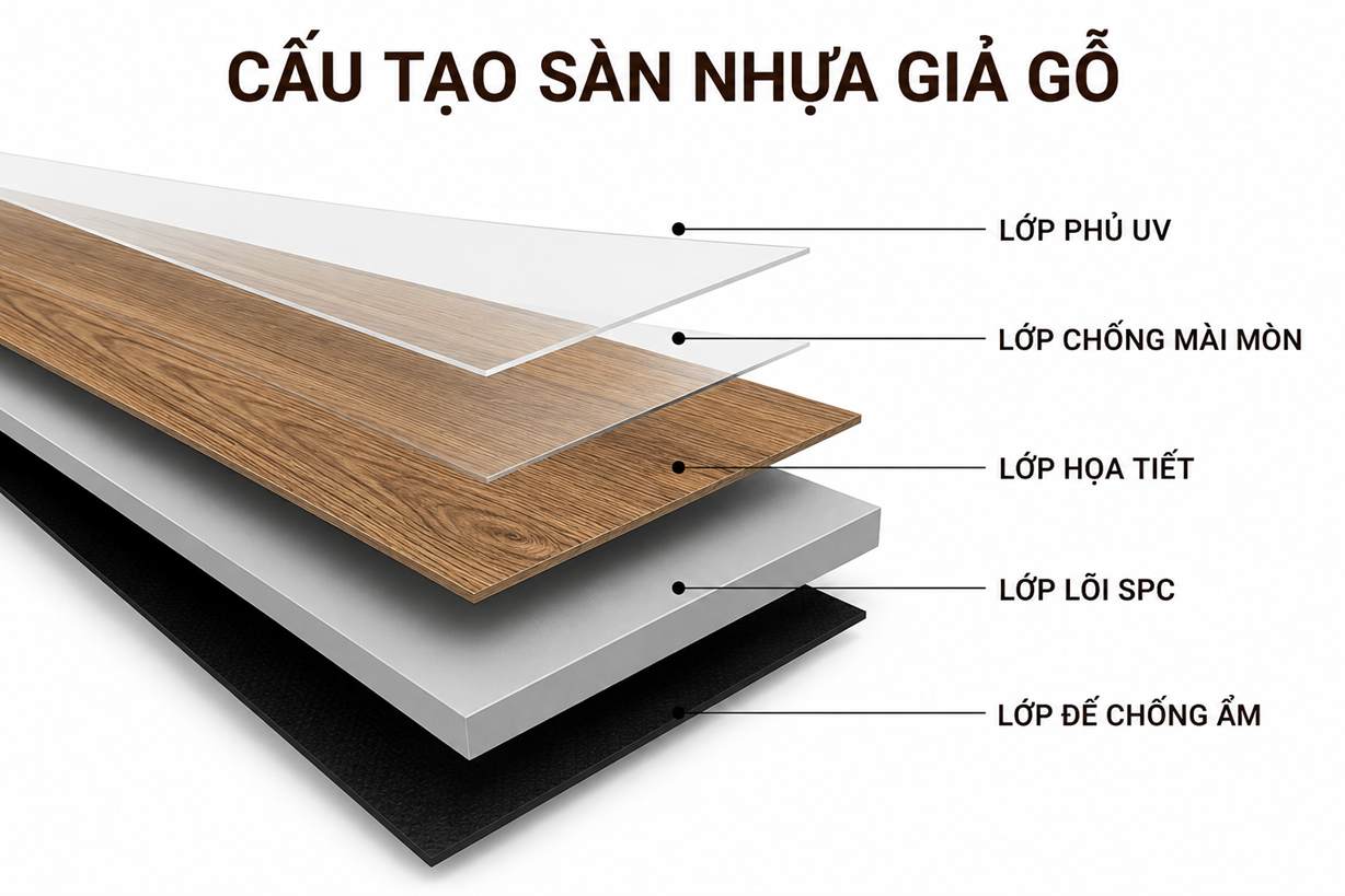 Sàn nhựa giả gỗ có cấu tạo gồm 5 lớp