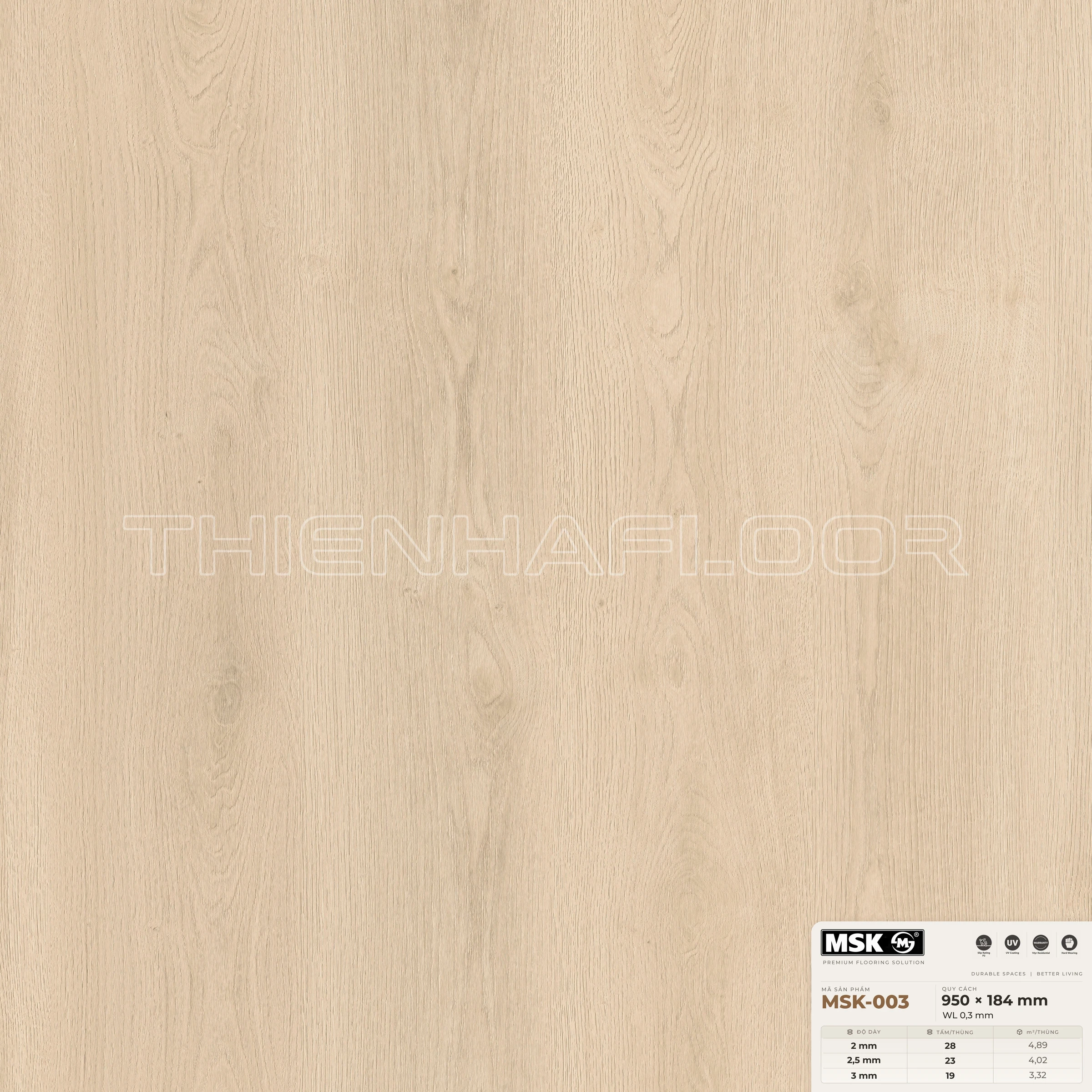 Sàn nhựa Galaxy MSK-003 giả gỗ tông sáng ấm — cận cảnh bề mặt một tấm, khổ 950×184mm