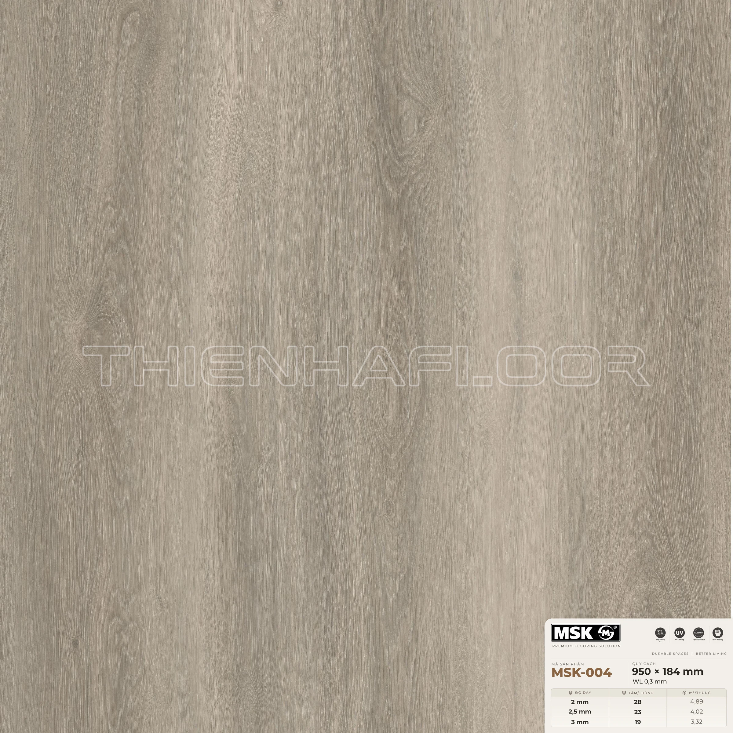 Sàn nhựa Galaxy MSK-004 giả gỗ tông trung tính ấm — cận cảnh bề mặt một tấm, khổ 950×184mm