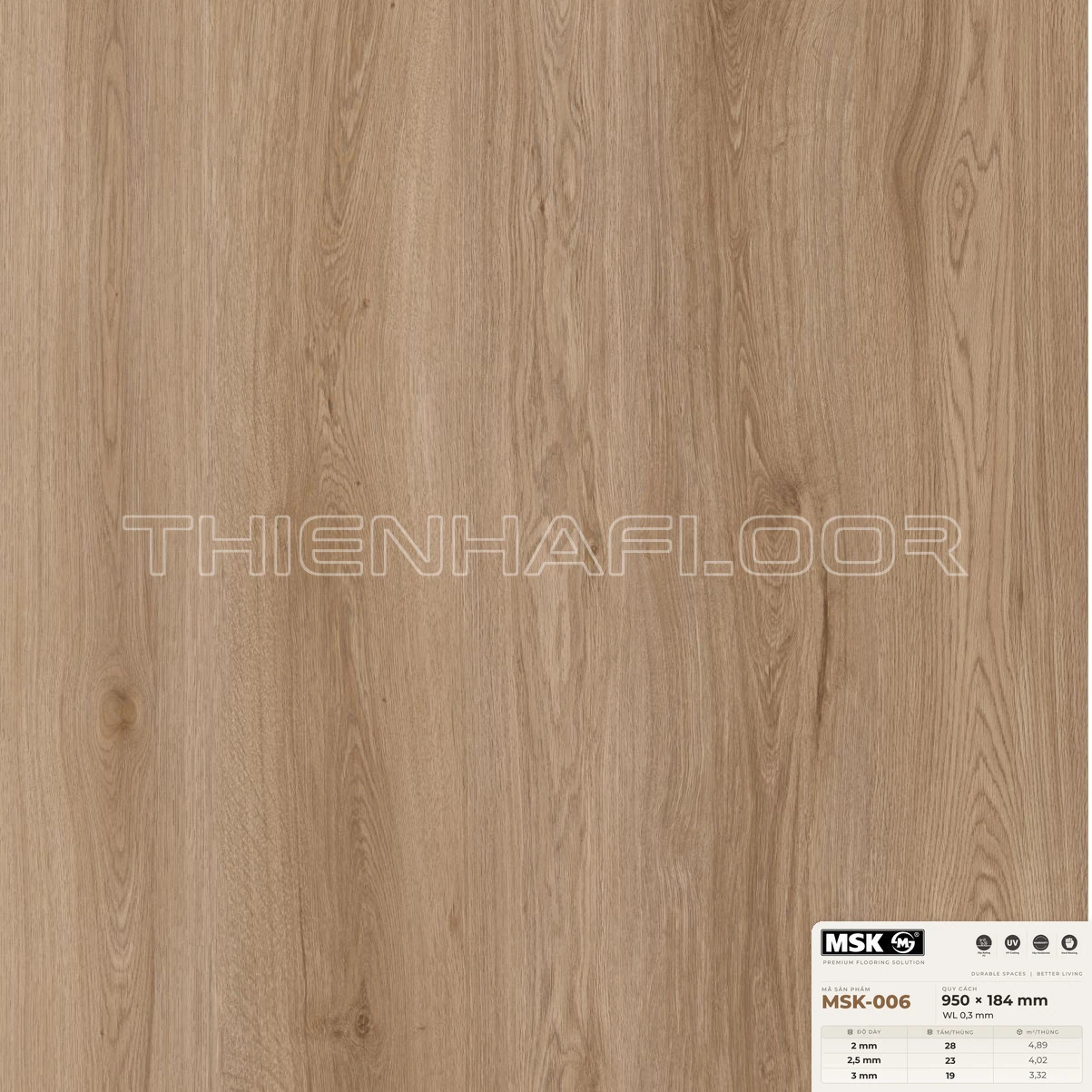 Sàn nhựa Galaxy MSK-006 giả gỗ tông trung tính ấm — cận cảnh bề mặt một tấm, khổ 950×184mm