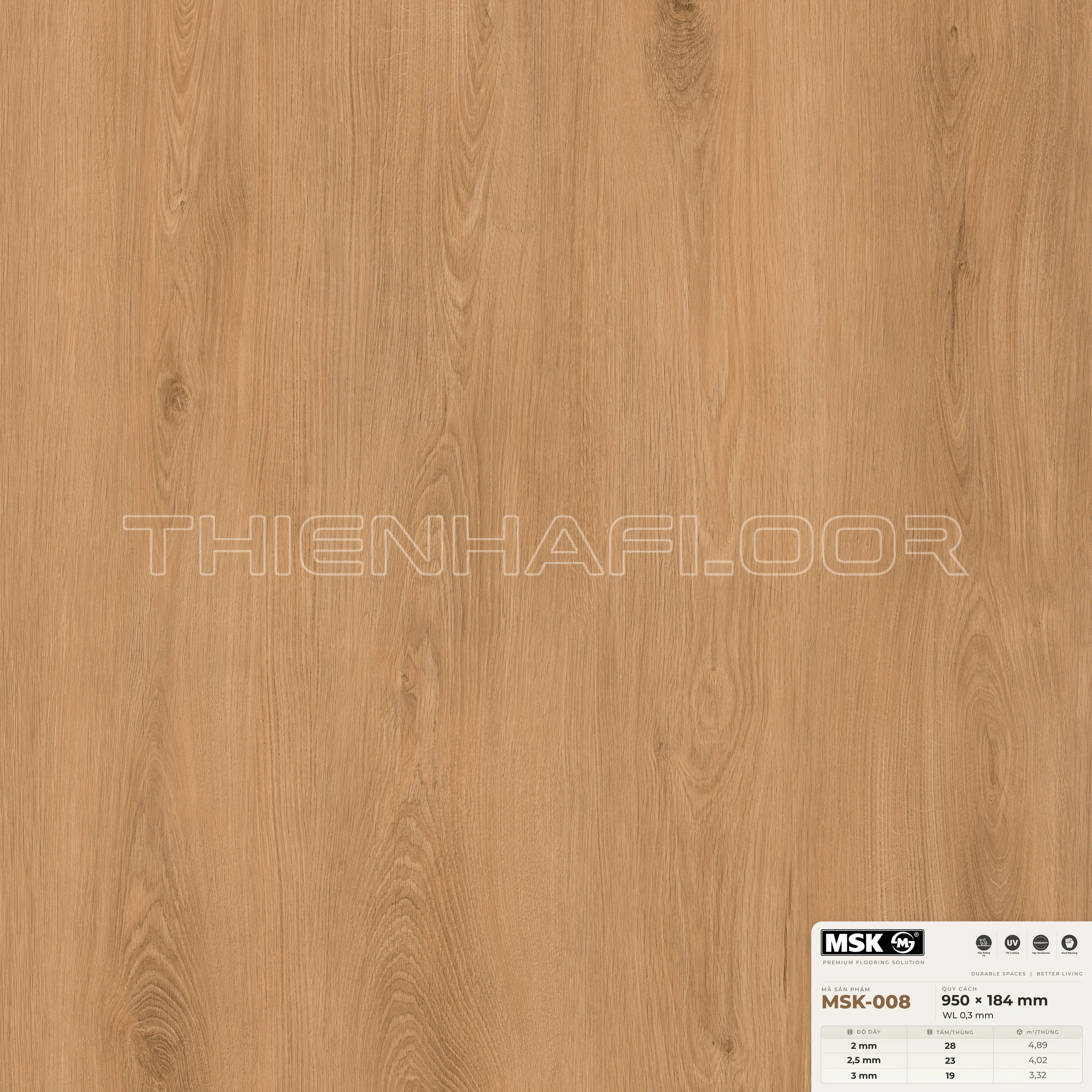 Sàn nhựa Galaxy MSK-008 giả gỗ tông trung tính ấm — cận cảnh bề mặt một tấm, khổ 950×184mm