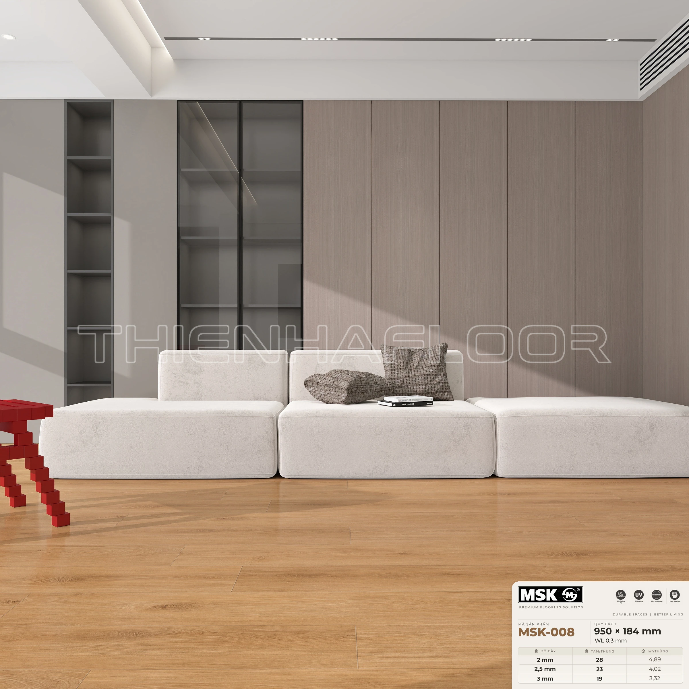 Sàn nhựa Galaxy MSK-008 giả gỗ tông trung tính ấm — phối cảnh thực tế trong phòng
