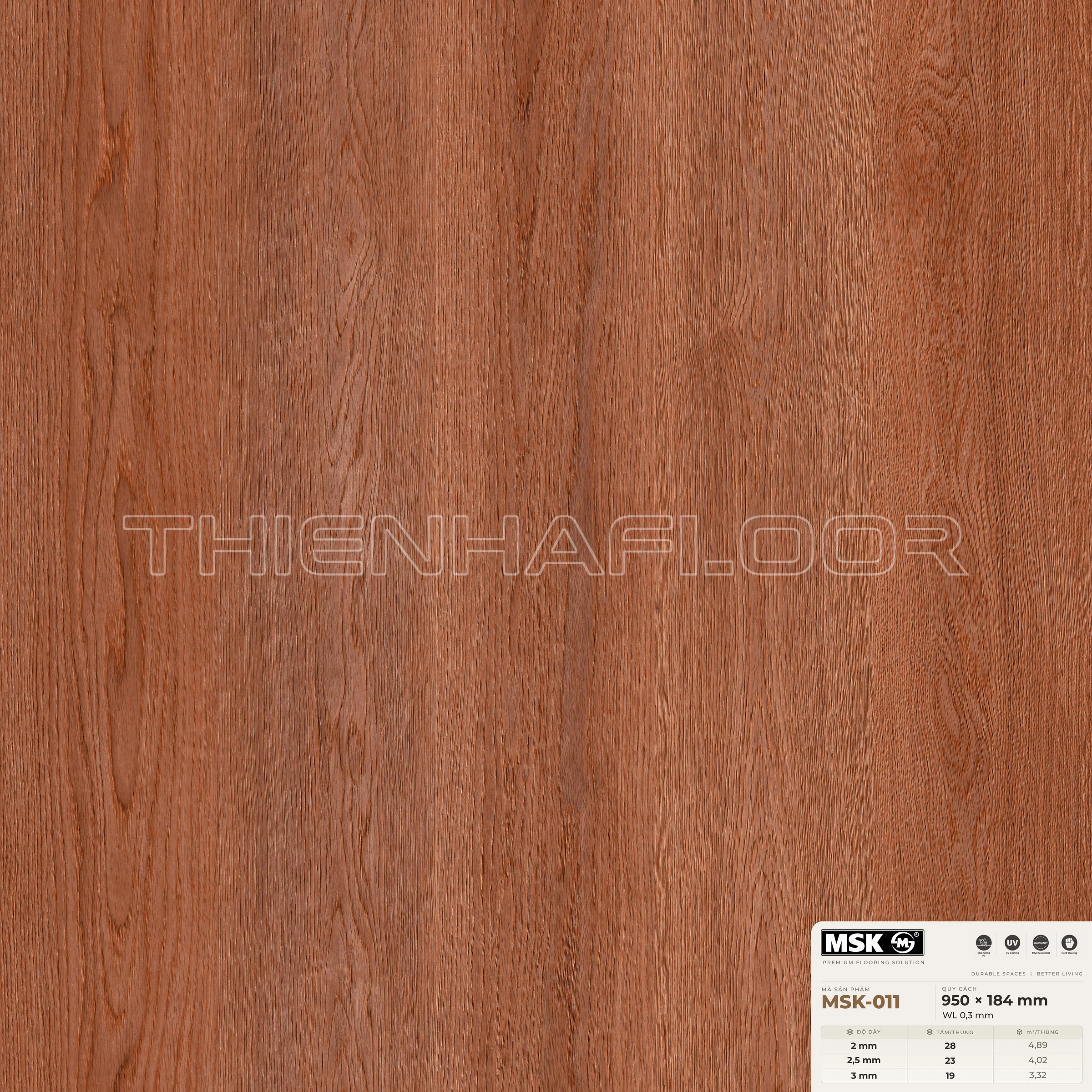 Sàn nhựa Galaxy MSK-011 giả gỗ tông tối ấm — cận cảnh bề mặt một tấm, khổ 950×184mm