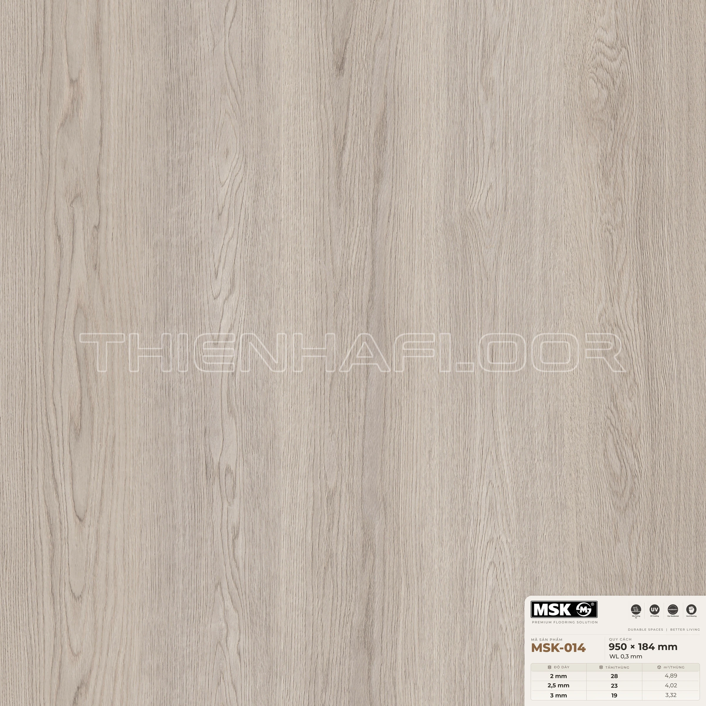 Sàn nhựa Galaxy MSK-014 giả gỗ tông sáng ấm — cận cảnh bề mặt một tấm, khổ 950×184mm