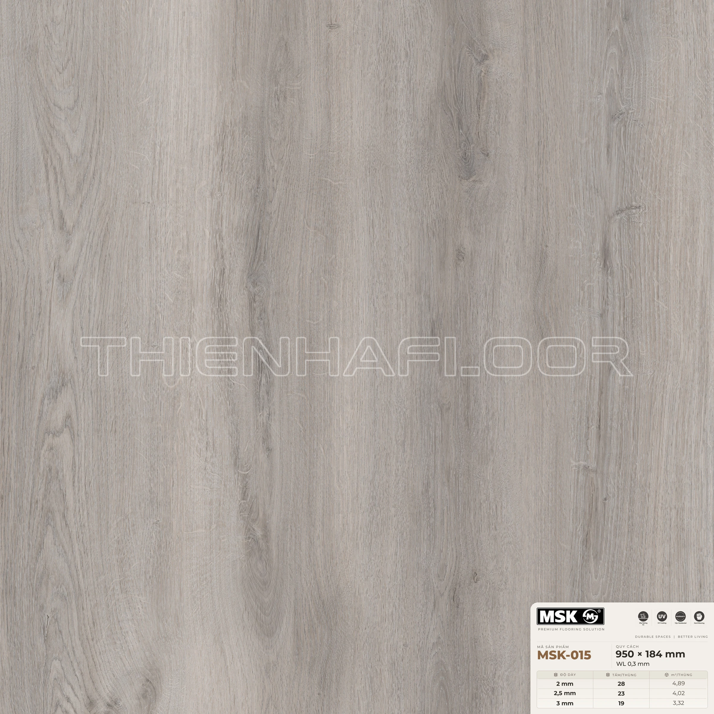 Sàn nhựa Galaxy MSK-015 giả gỗ tông trung tính ấm — cận cảnh bề mặt một tấm, khổ 950×184mm