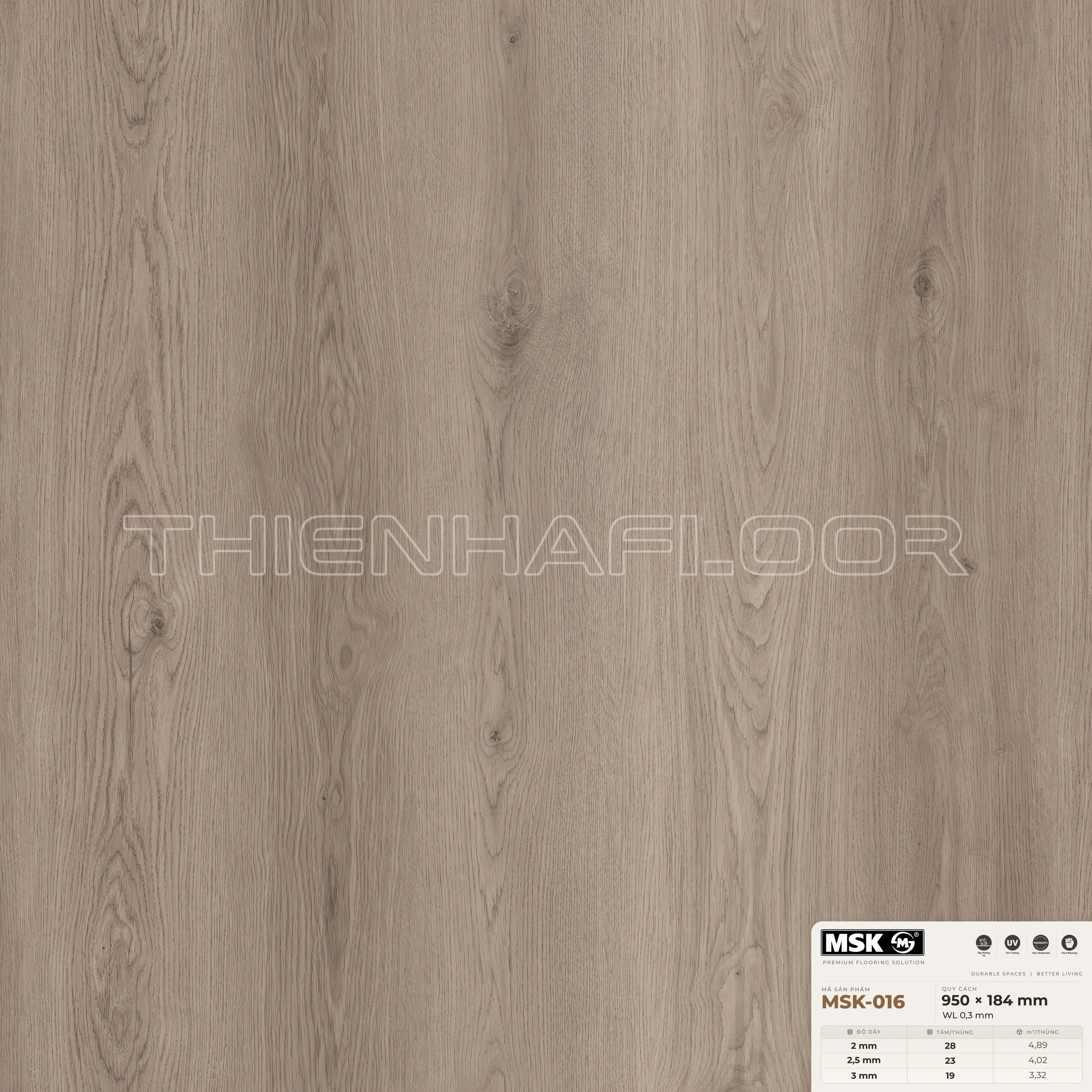 Sàn nhựa Galaxy MSK-016 giả gỗ tông trung tính ấm — cận cảnh bề mặt một tấm, khổ 950×184mm