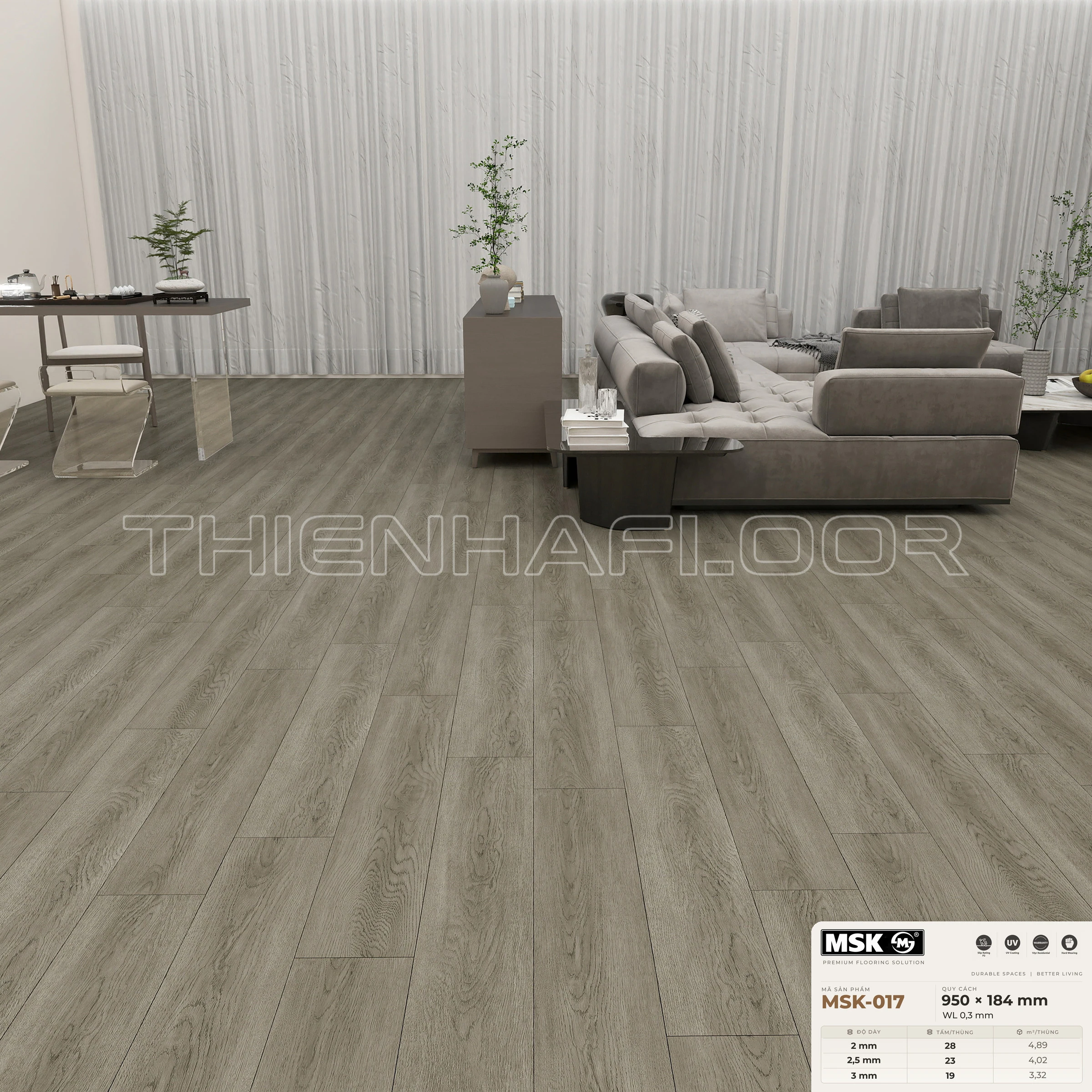 Sàn nhựa Galaxy MSK-017 giả gỗ tông trung tính ấm — phối cảnh thực tế trong phòng