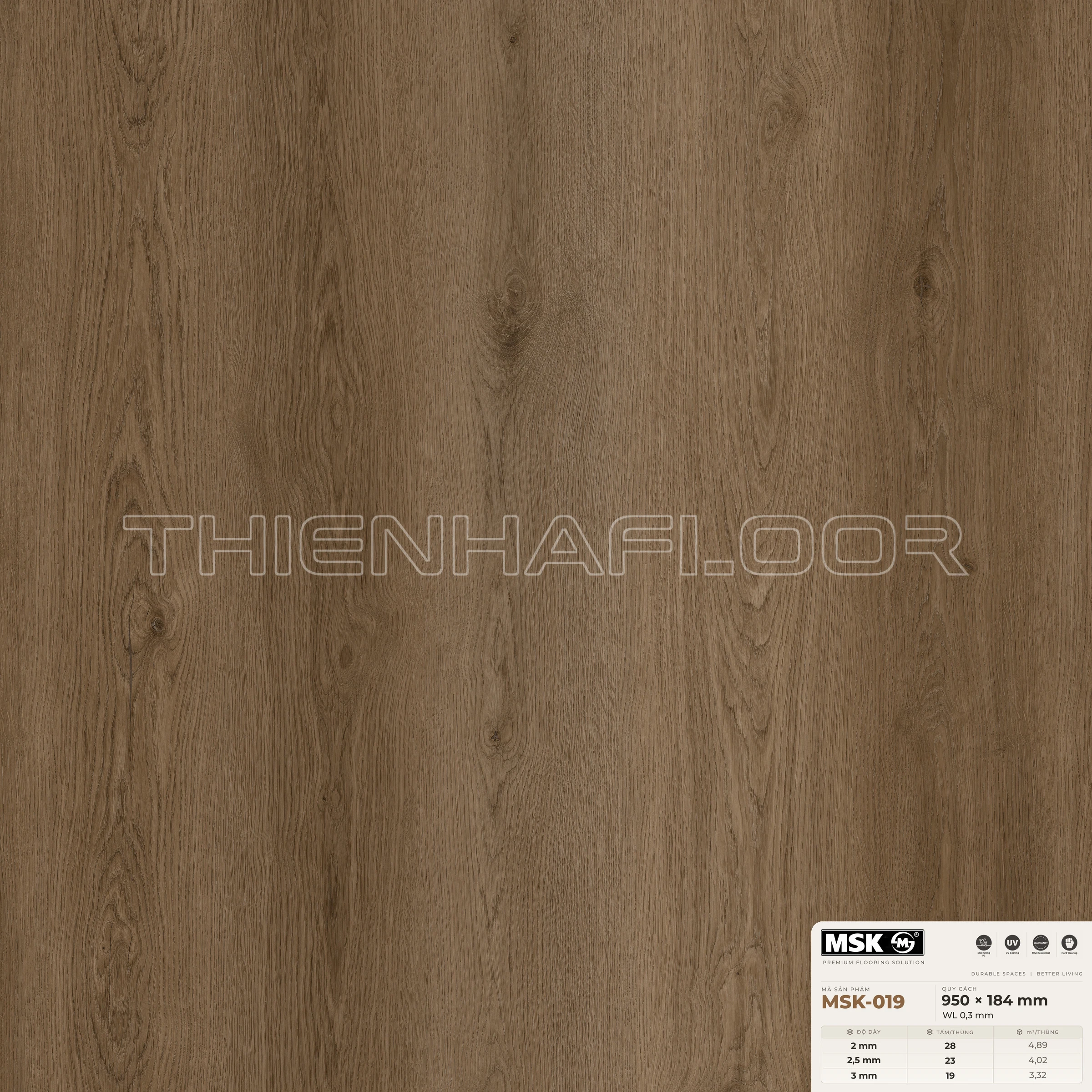 Sàn nhựa Galaxy MSK-019 giả gỗ tông tối ấm — cận cảnh bề mặt một tấm, khổ 950×184mm
