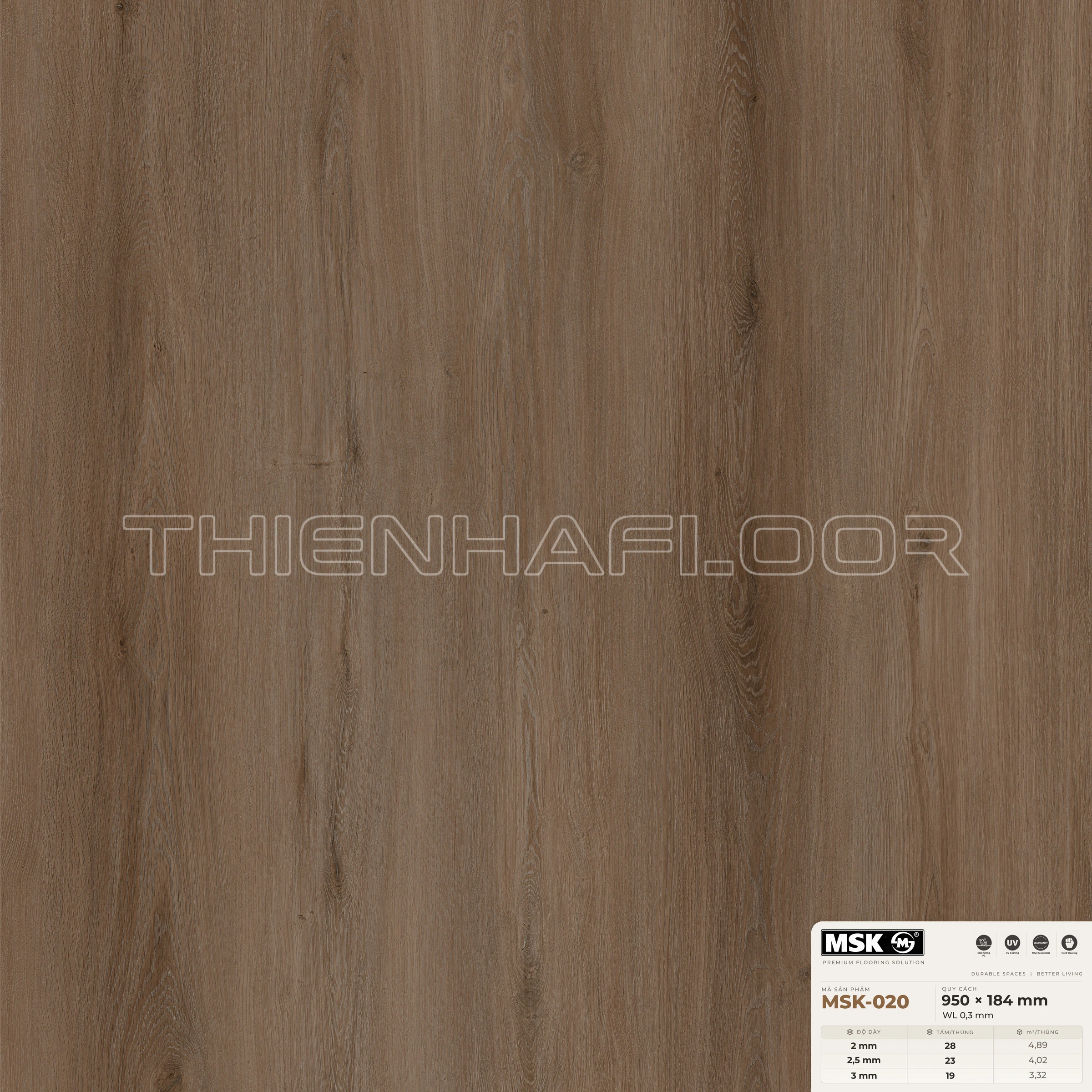 Sàn nhựa Galaxy MSK-020 giả gỗ tông tối ấm — cận cảnh bề mặt một tấm, khổ 950×184mm