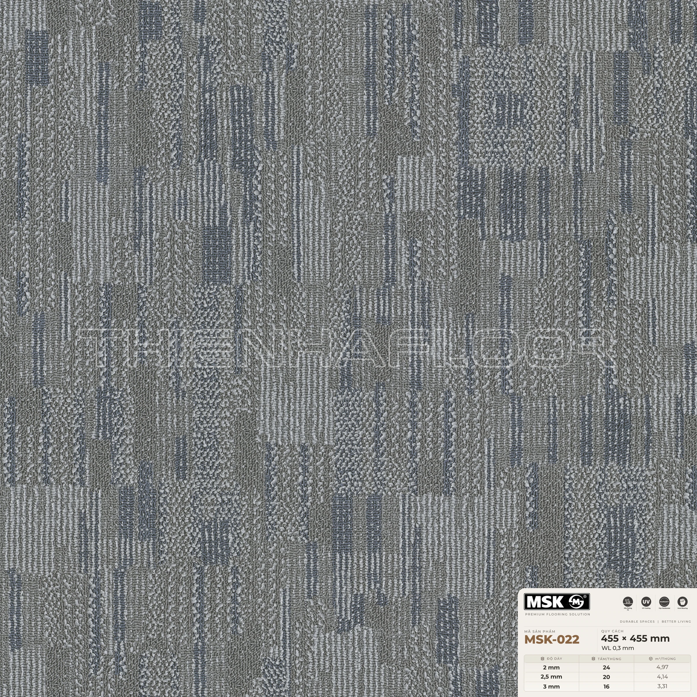 Sàn nhựa Galaxy MSK-022 giả thảm tông trung tính — cận cảnh bề mặt một tấm, khổ 455×455mm
