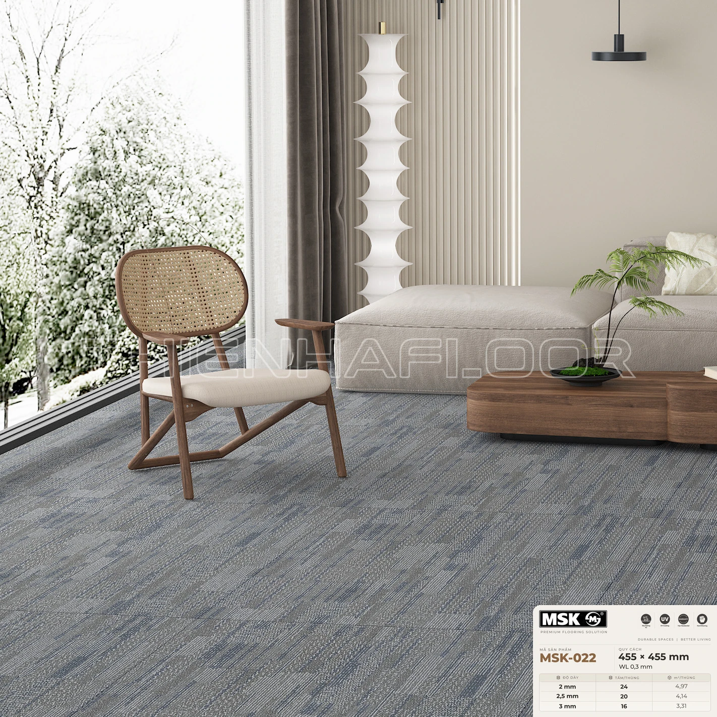 Sàn nhựa Galaxy MSK-022 giả thảm tông trung tính — phối cảnh thực tế trong phòng