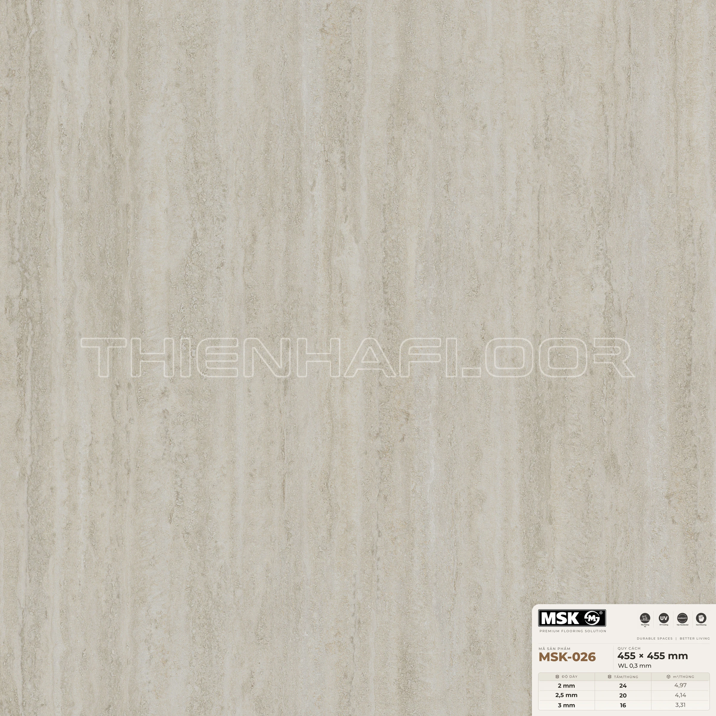 Sàn nhựa Galaxy MSK-026 giả đá tông sáng ấm — cận cảnh bề mặt một tấm, khổ 455×455mm