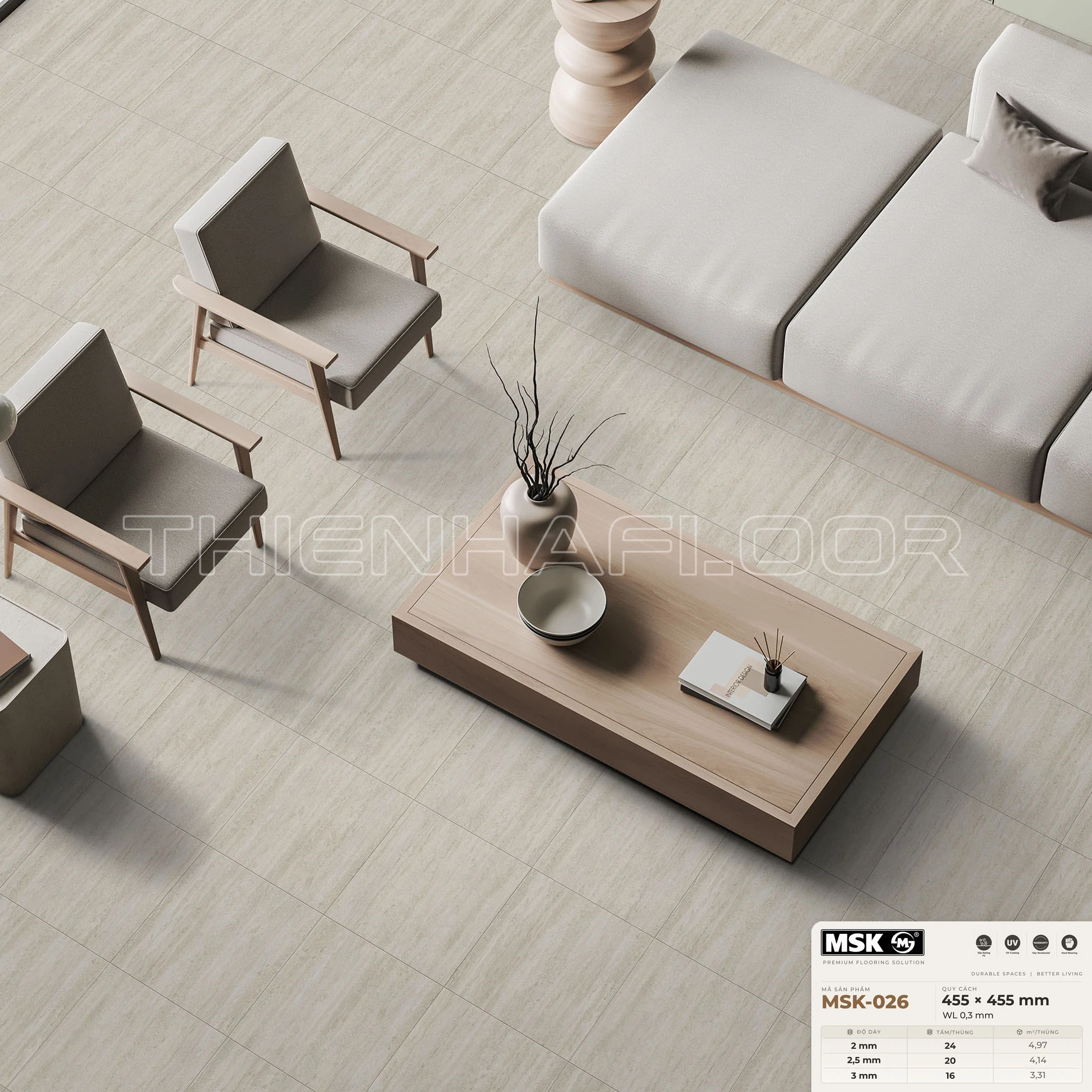 Sàn nhựa Galaxy MSK-026 giả đá tông sáng ấm — phối cảnh thực tế trong phòng