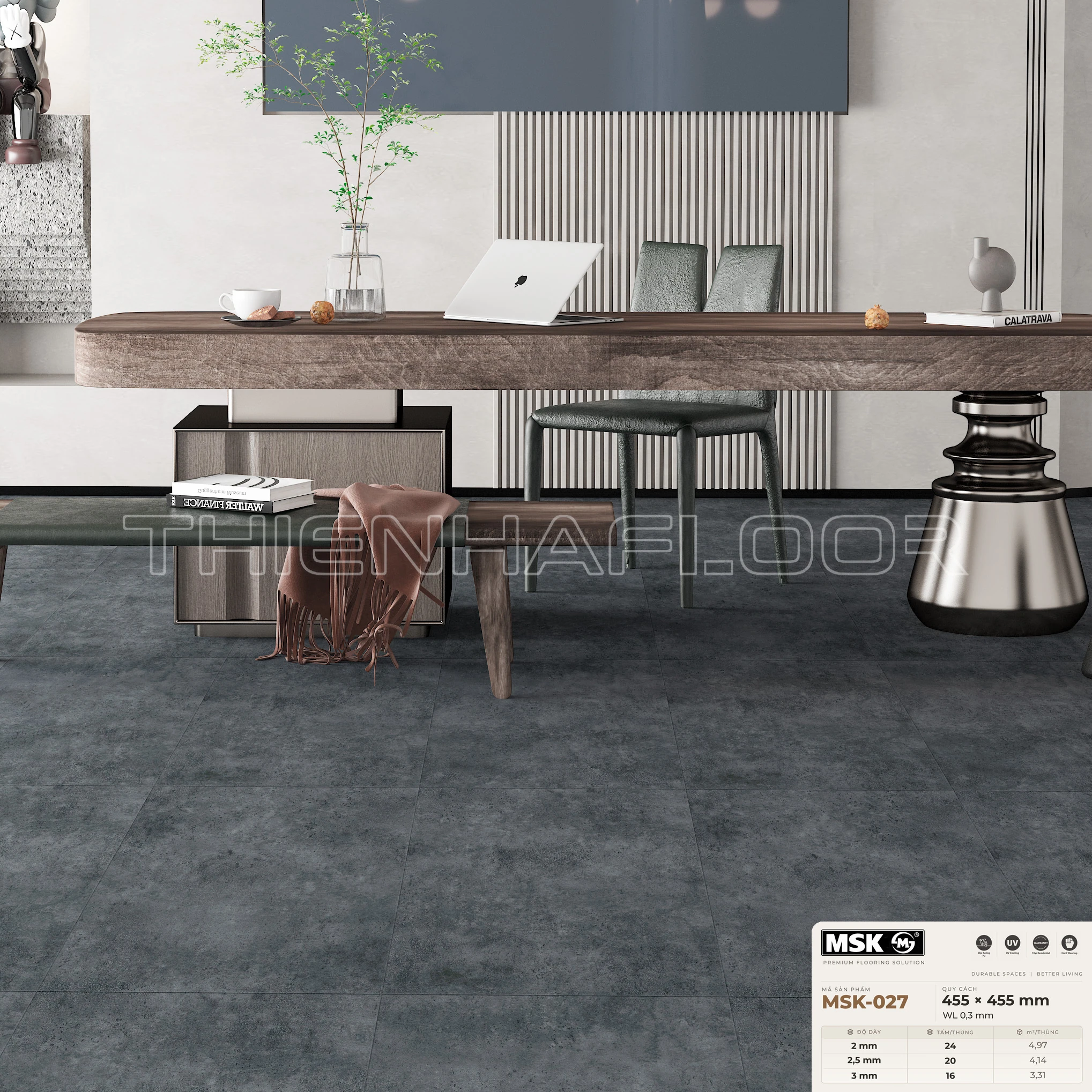 Sàn nhựa Galaxy MSK-027 giả đá tông tối lạnh — phối cảnh thực tế trong phòng