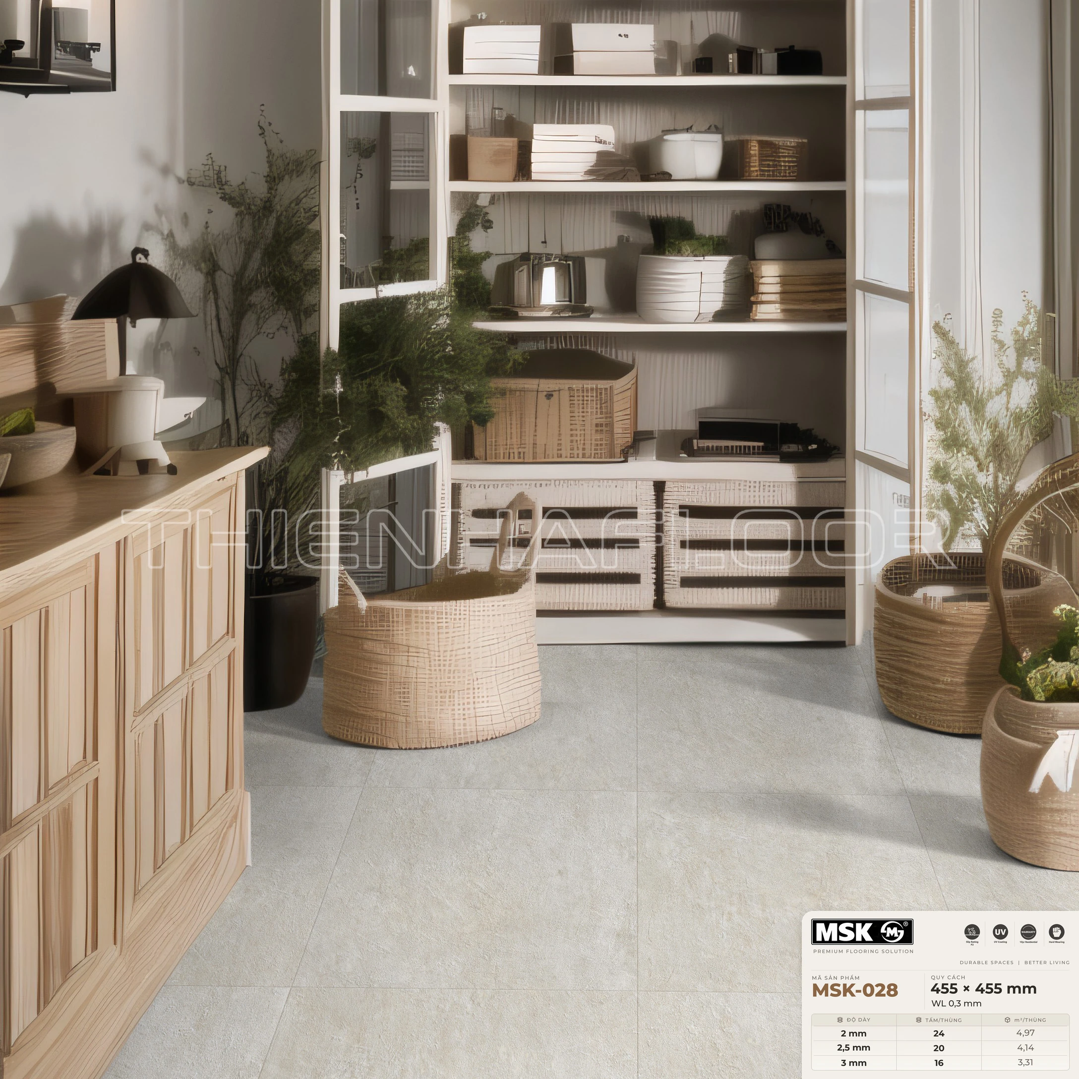 Sàn nhựa Galaxy MSK-028 giả đá tông sáng ấm — phối cảnh thực tế trong phòng