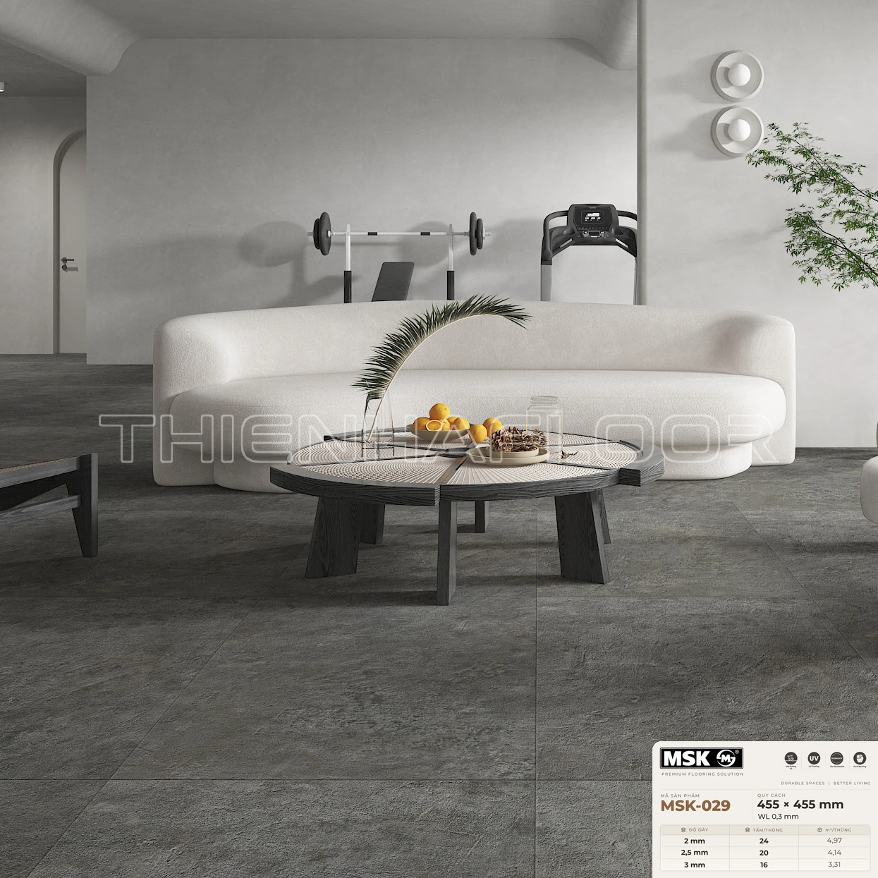 Sàn nhựa Galaxy MSK-029 giả đá tông tối — phối cảnh thực tế trong phòng