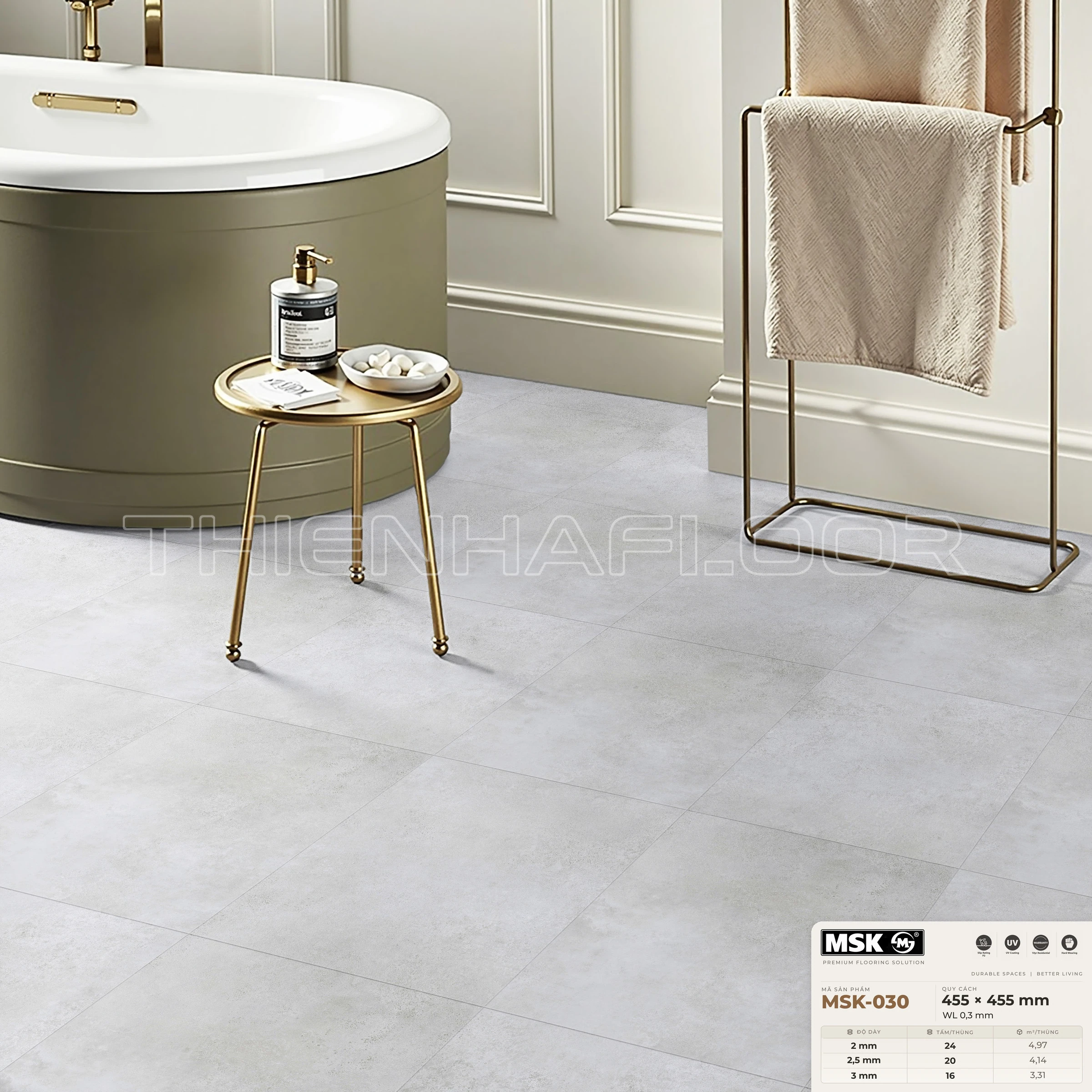 Sàn nhựa Galaxy MSK-030 giả đá tông sáng — phối cảnh thực tế trong phòng