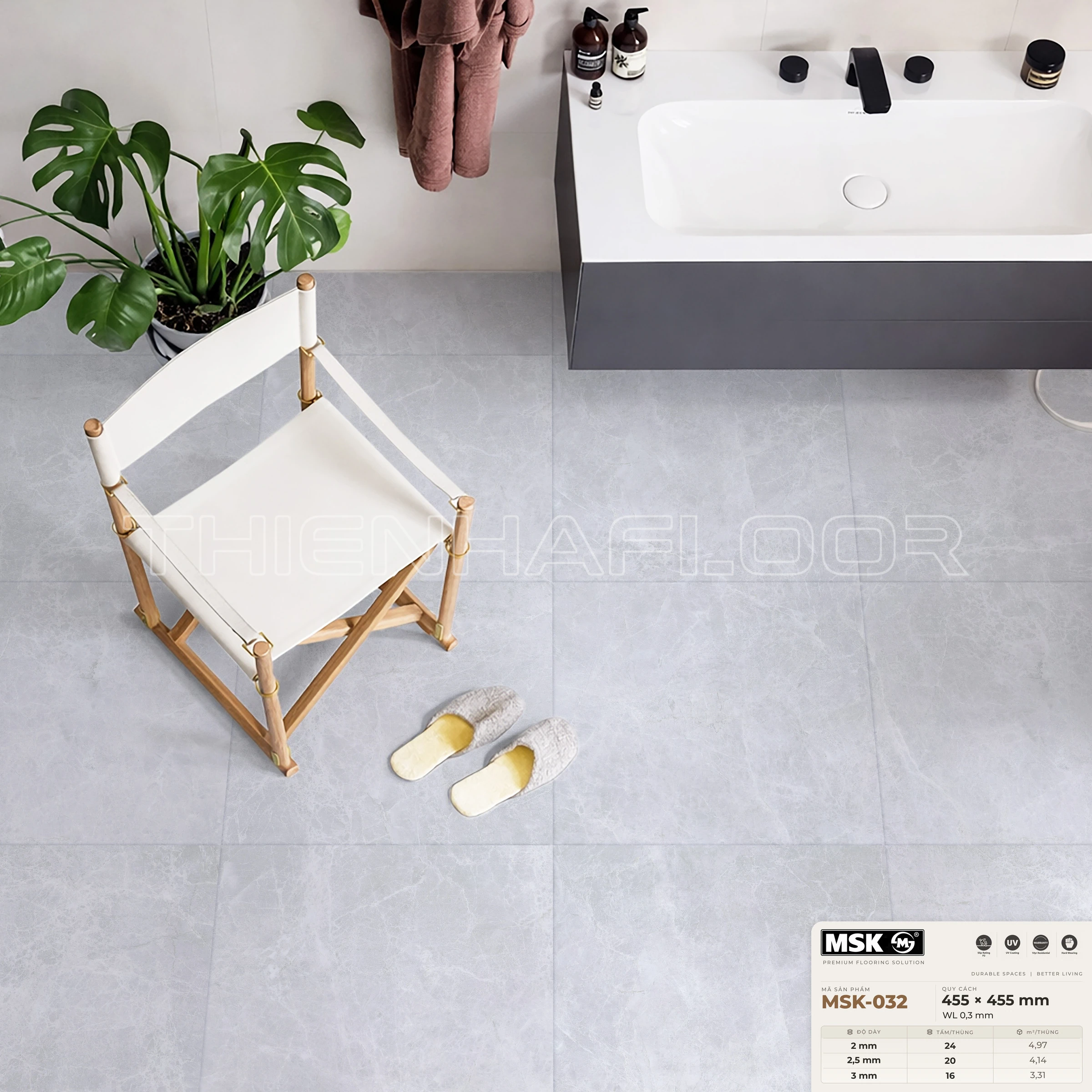 Sàn nhựa Galaxy MSK-032 giả đá tông sáng lạnh — phối cảnh thực tế trong phòng