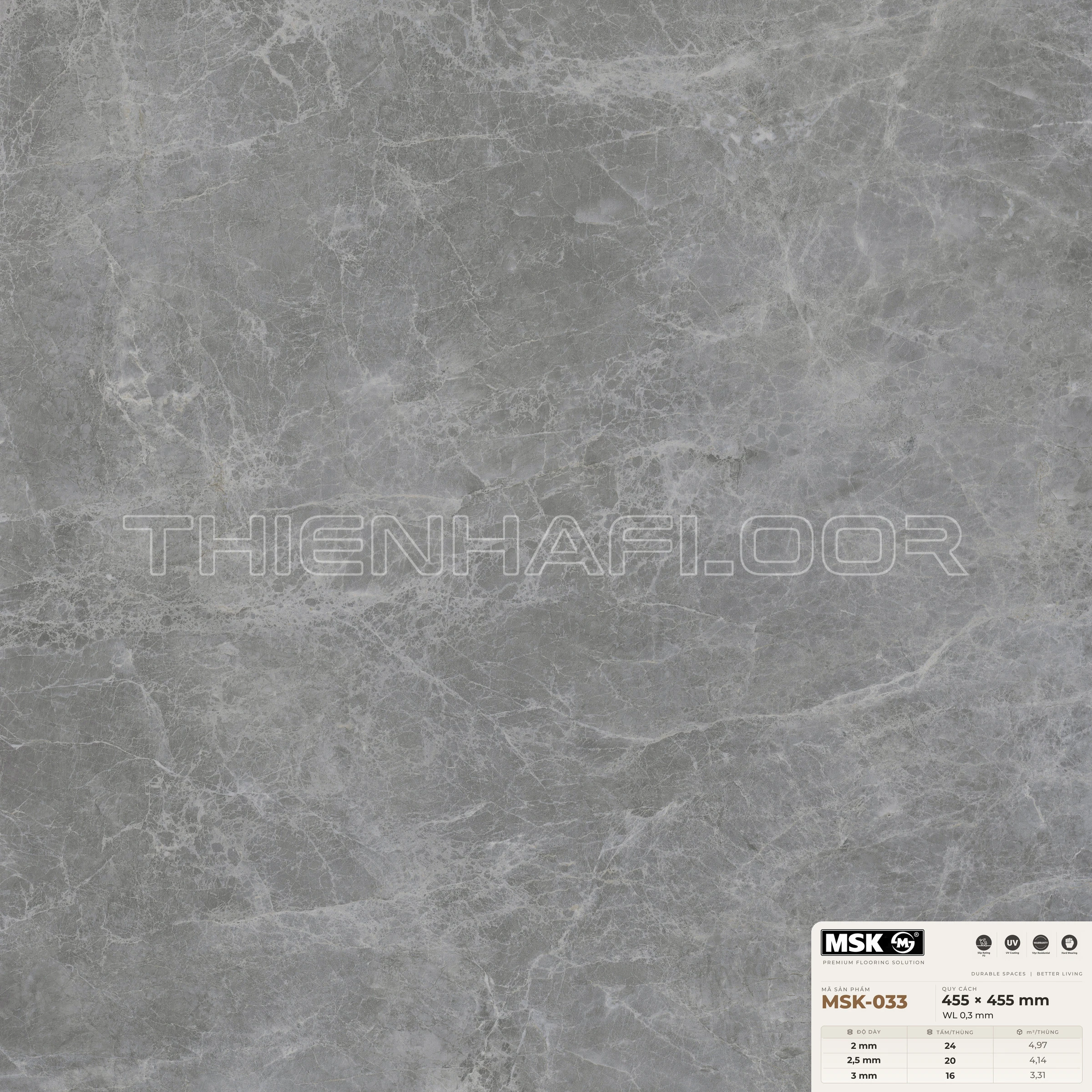 Sàn nhựa Galaxy MSK-033 giả đá tông trung tính — cận cảnh bề mặt một tấm, khổ 455×455mm