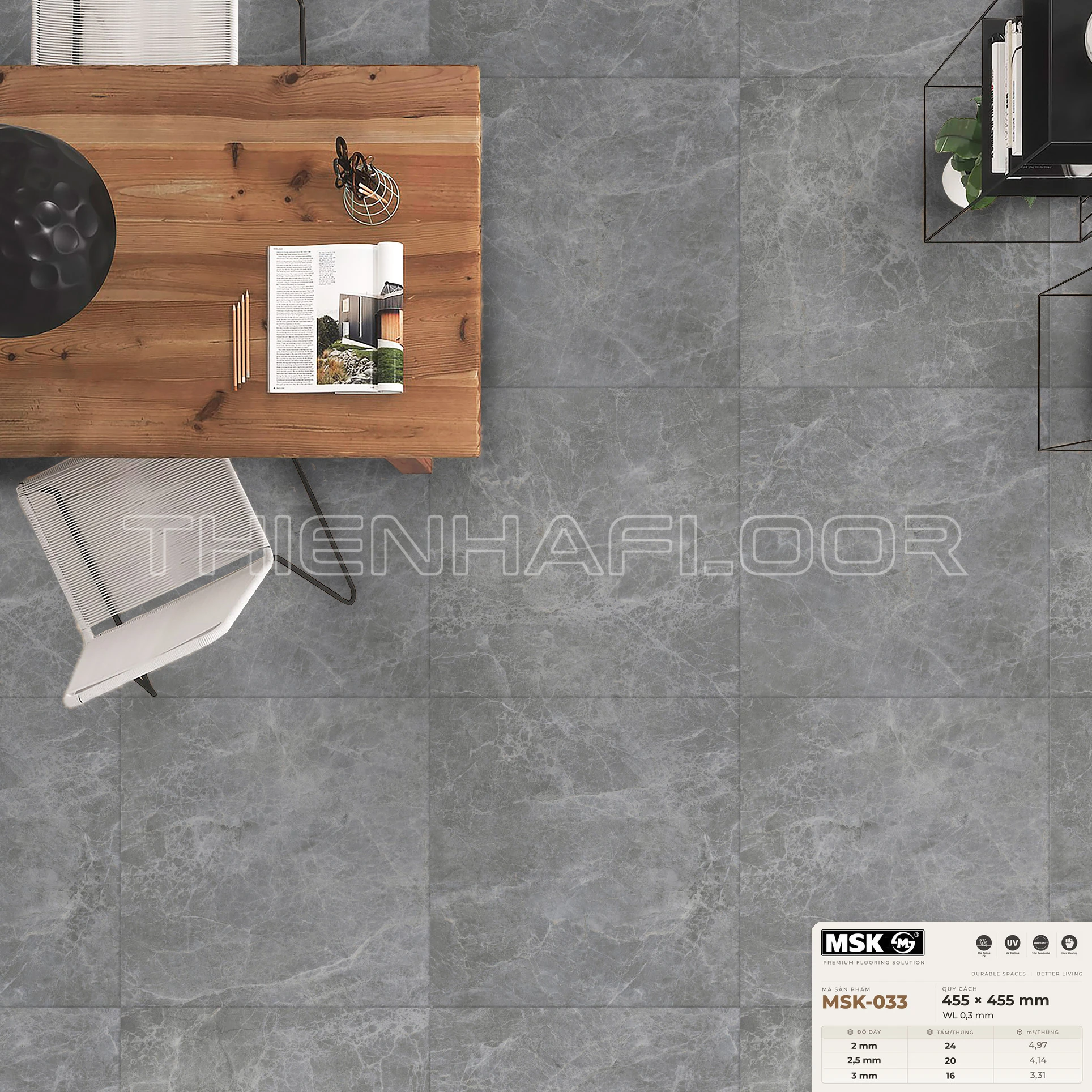 Sàn nhựa Galaxy MSK-033 giả đá tông trung tính — phối cảnh thực tế trong phòng