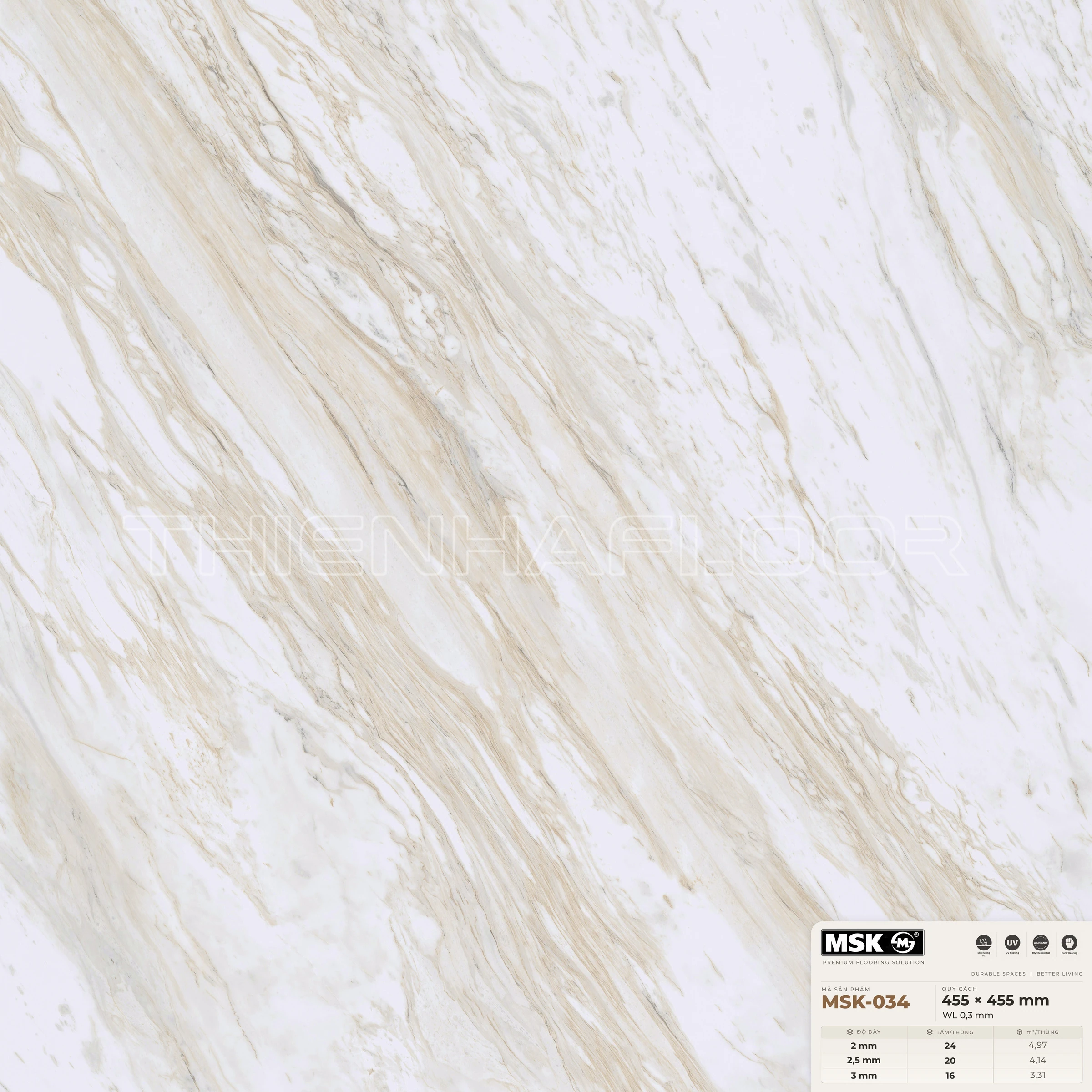 Sàn nhựa Galaxy MSK-034 giả đá tông sáng — cận cảnh bề mặt một tấm, khổ 455×455mm