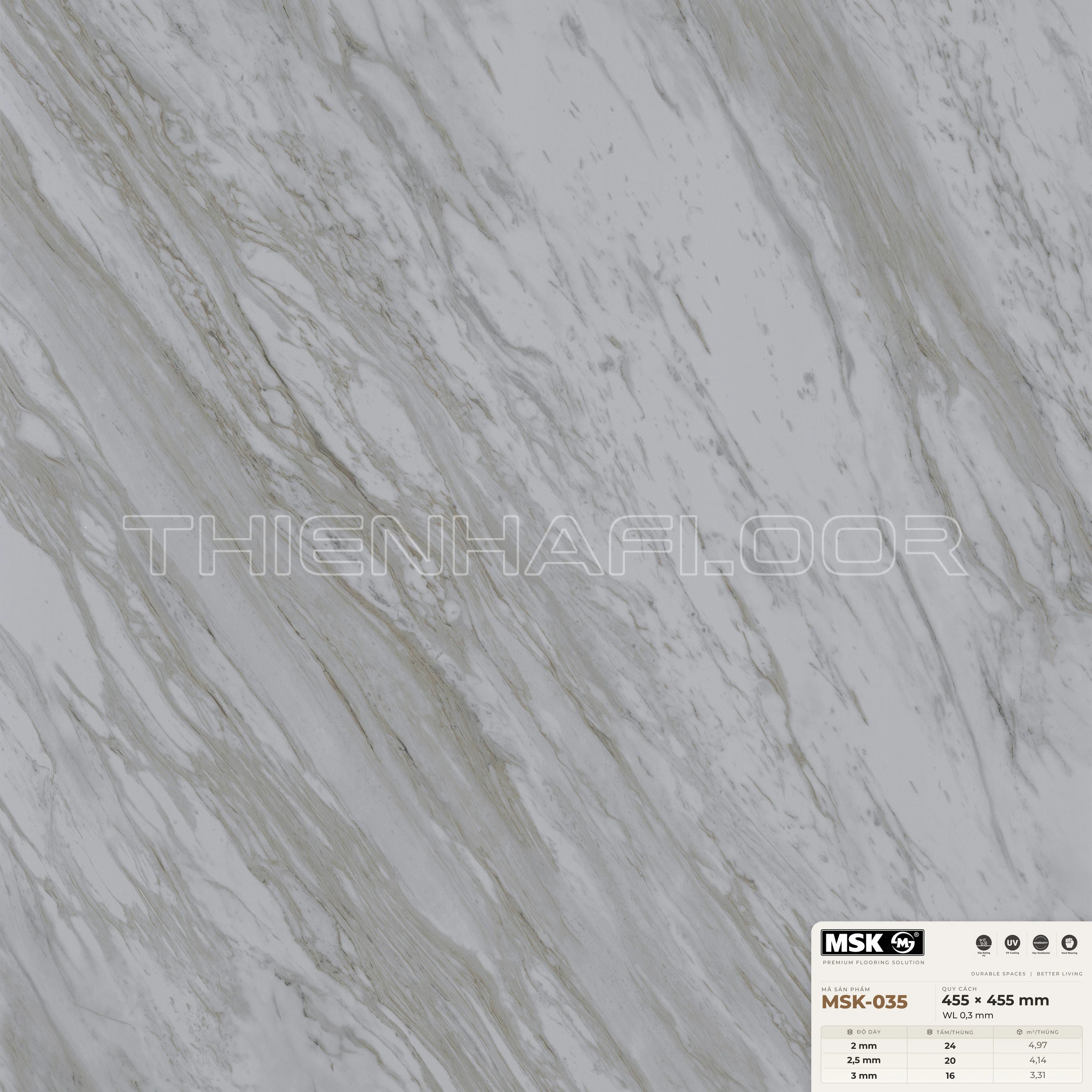 Sàn nhựa Galaxy MSK-035 giả đá tông sáng — cận cảnh bề mặt một tấm, khổ 455×455mm